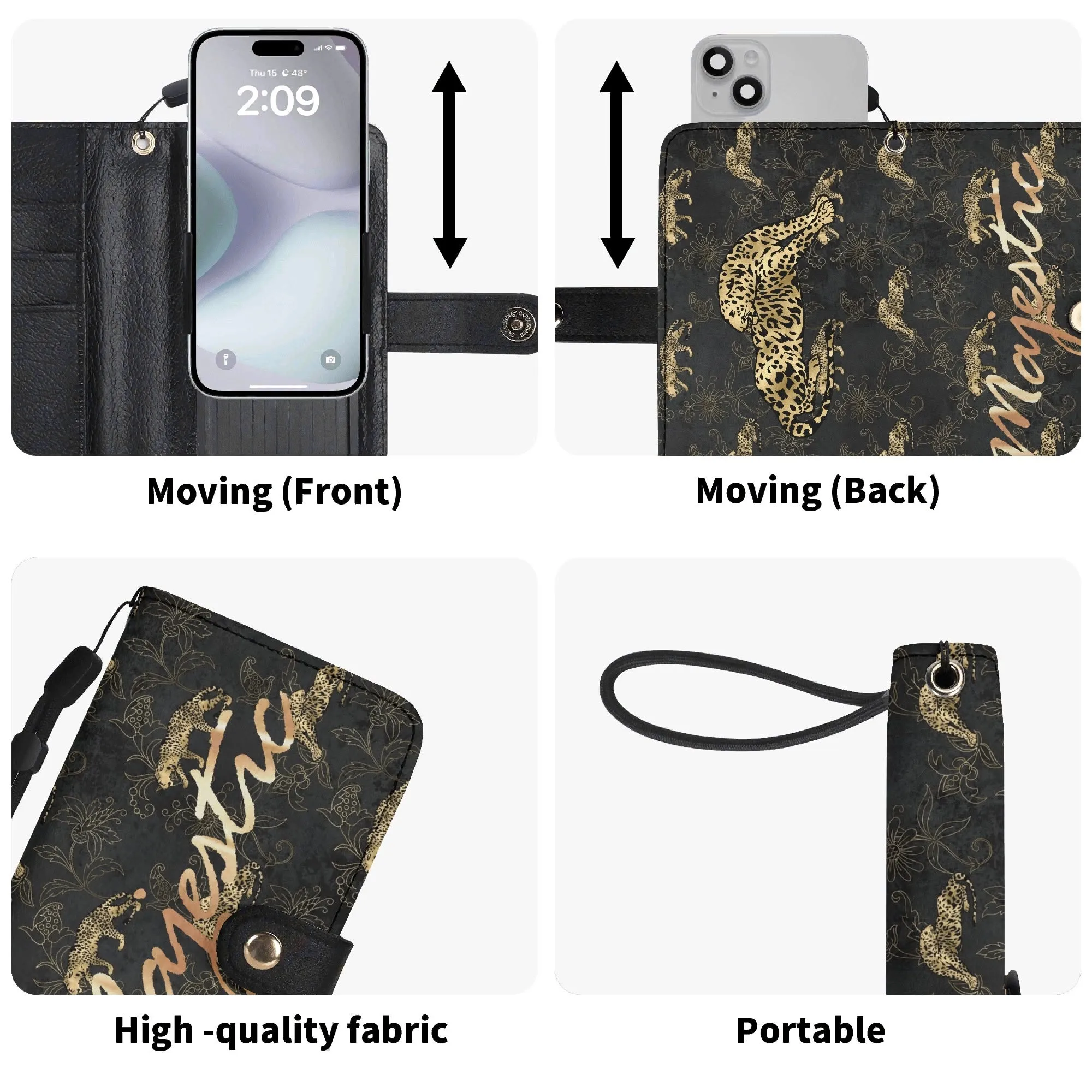 Leopard Print Graphic Black PU Leather Wallet Phone Flip Case
