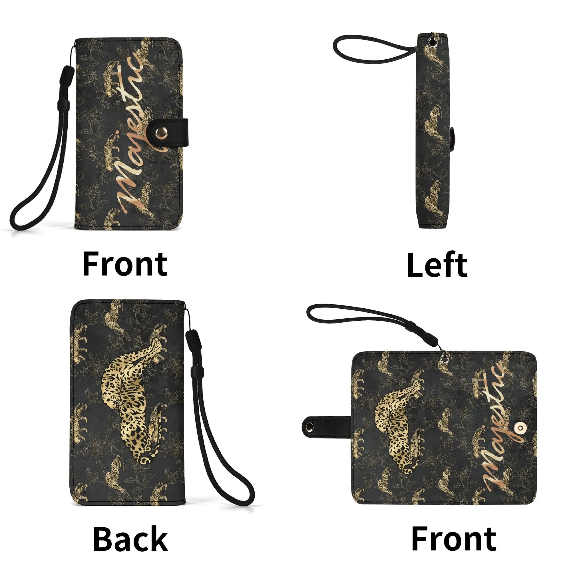 Leopard Print Graphic Black PU Leather Wallet Phone Flip Case