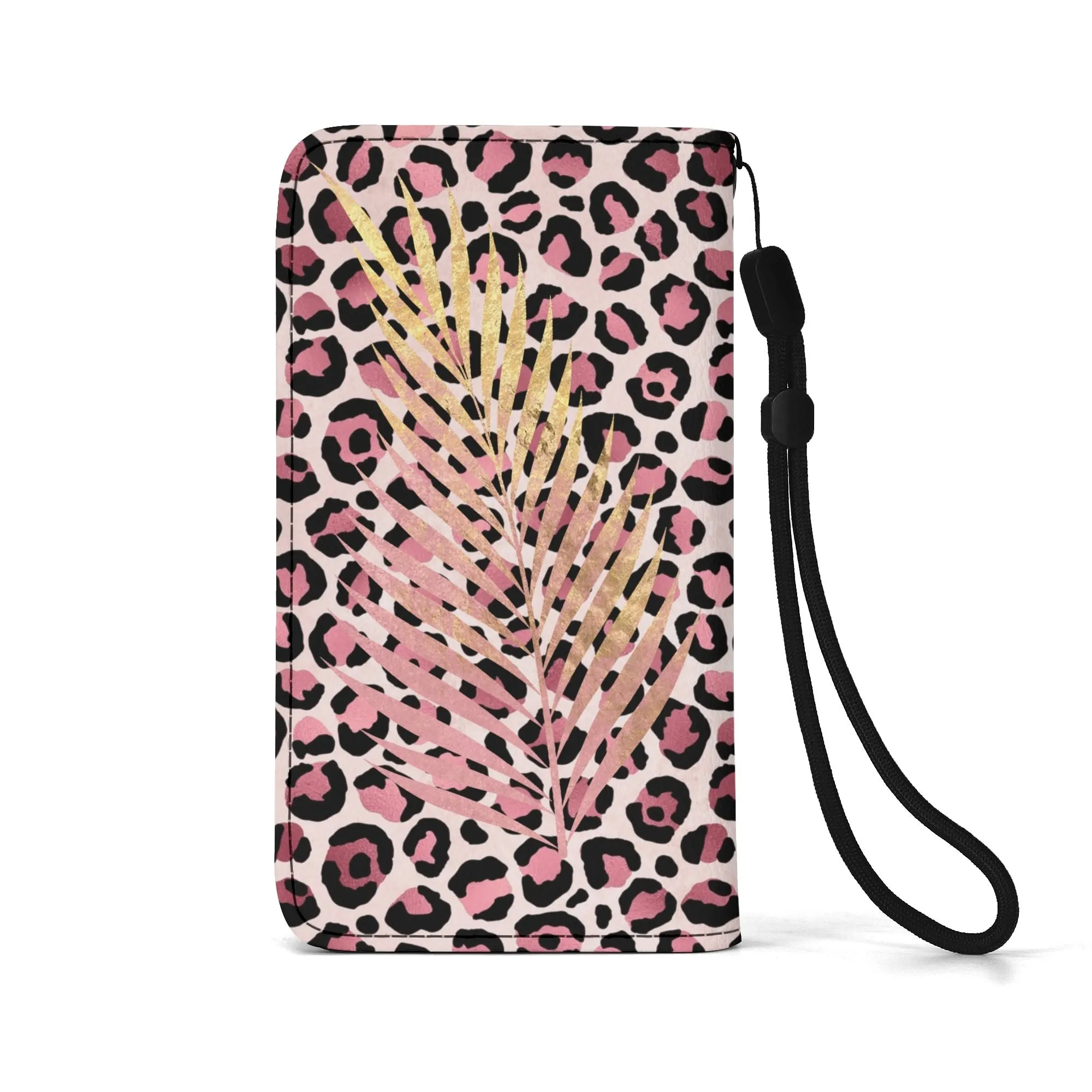 Leopard Print Graphic Black PU Leather Wallet Phone Flip Case