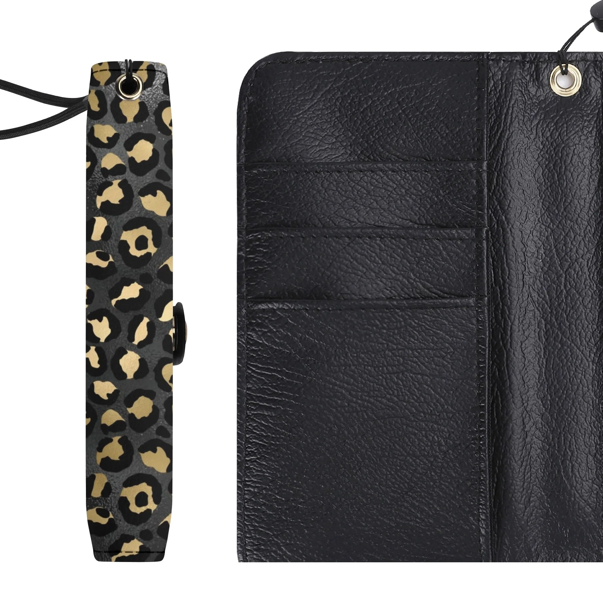 Leopard Print Graphic Black PU Leather Wallet Phone Flip Case