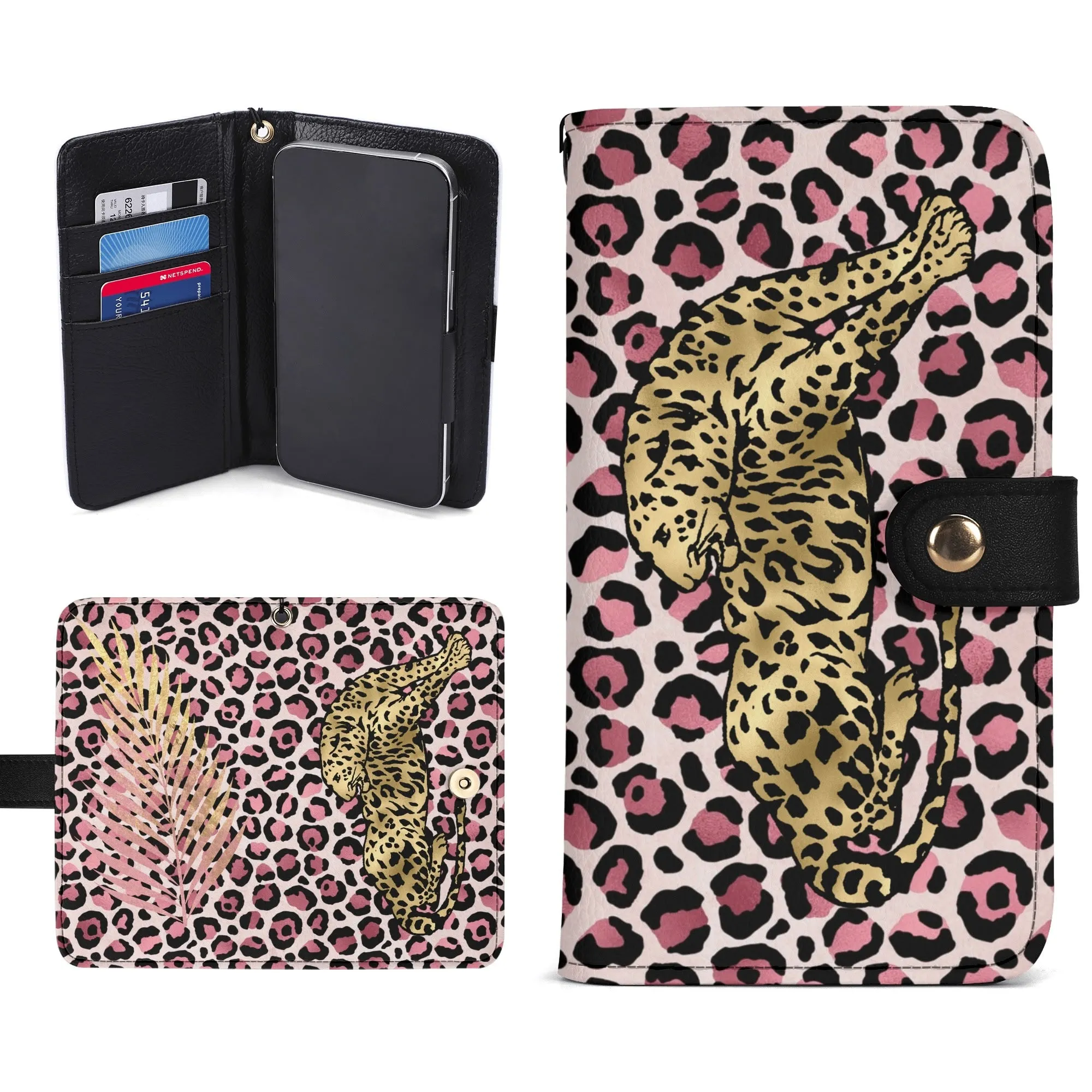 Leopard Print Graphic Black PU Leather Wallet Phone Flip Case
