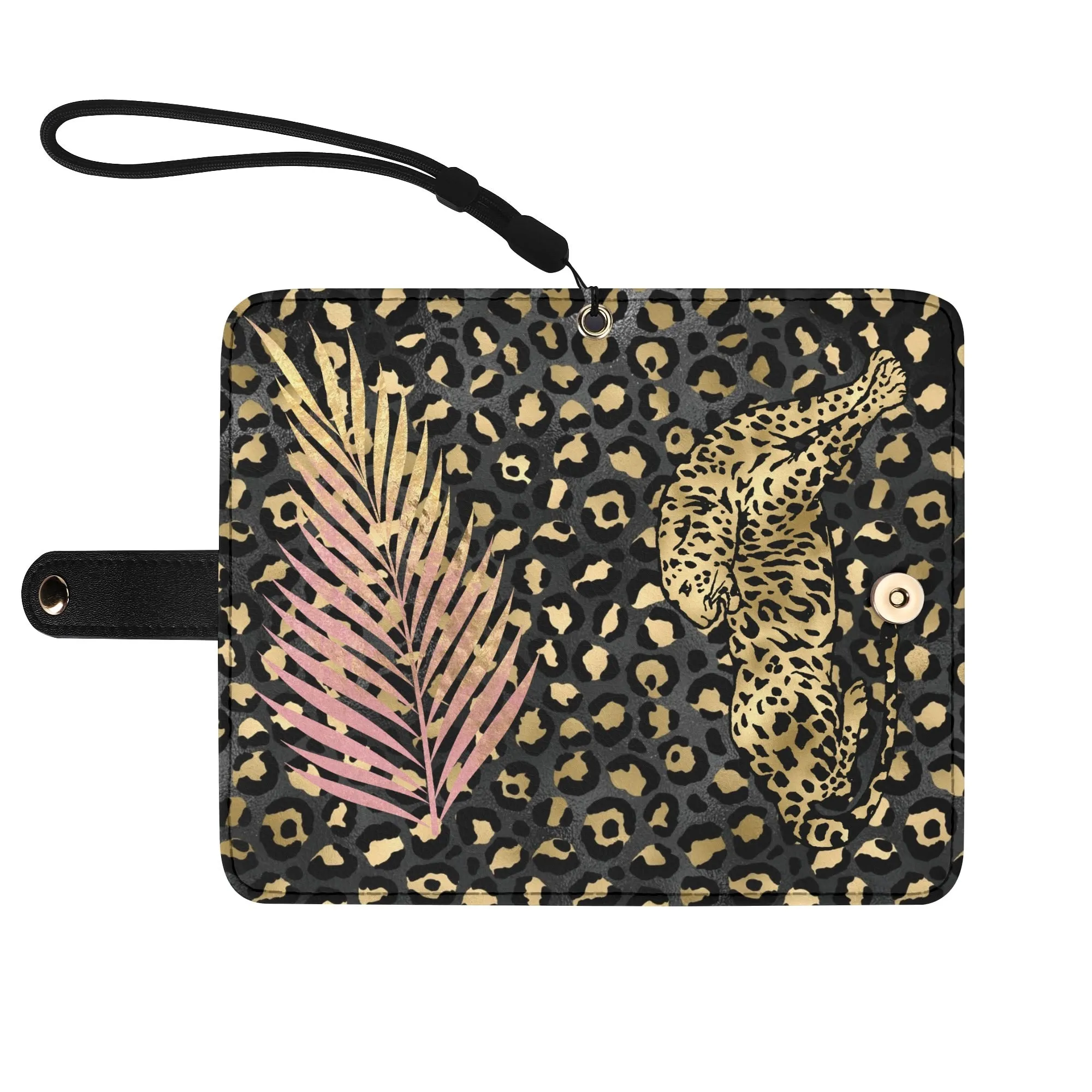 Leopard Print Graphic Black PU Leather Wallet Phone Flip Case