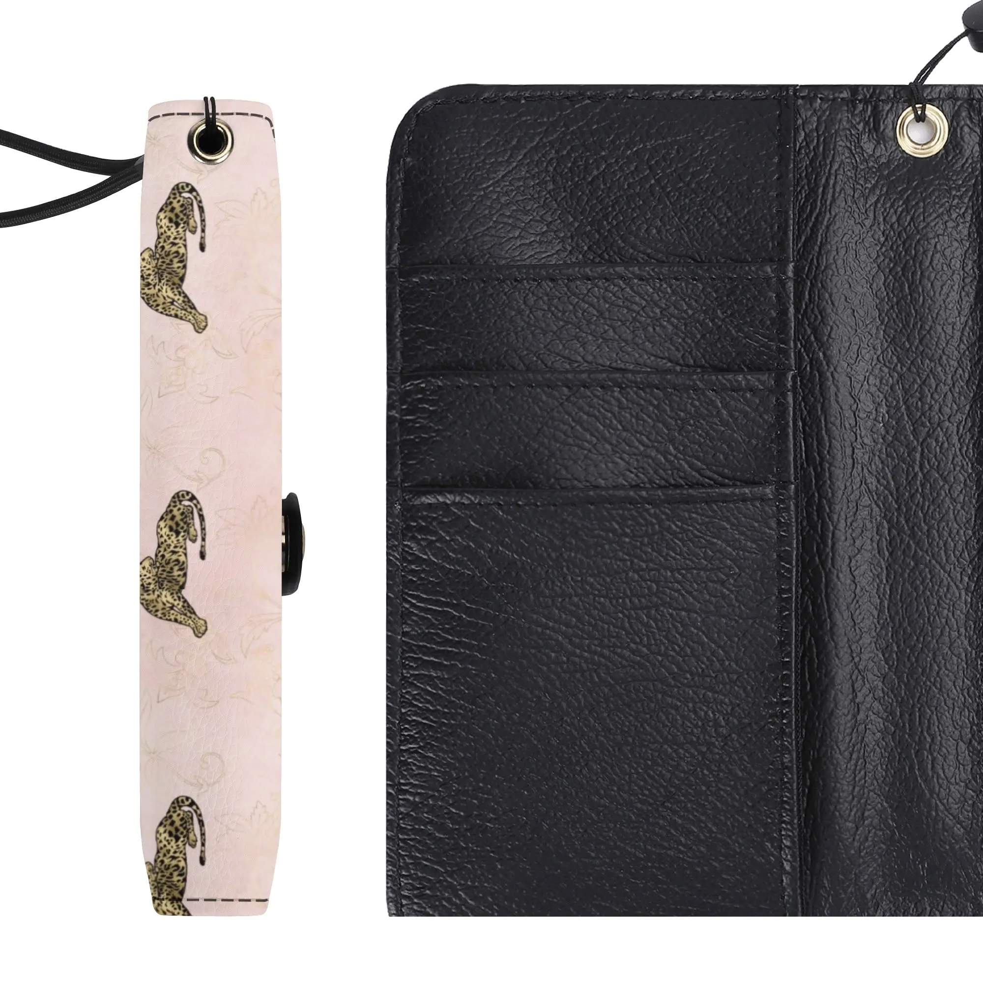 Leopard Print Graphic Black PU Leather Wallet Phone Flip Case