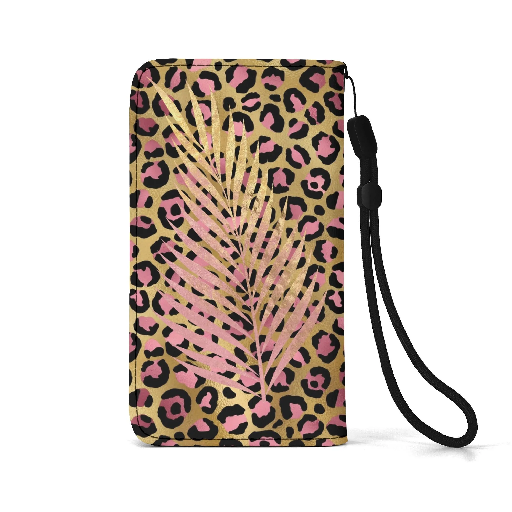 Leopard Print Graphic Black PU Leather Wallet Phone Flip Case