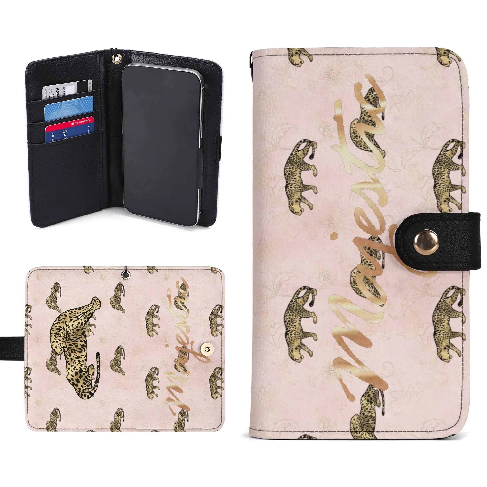 Leopard Print Graphic Black PU Leather Wallet Phone Flip Case