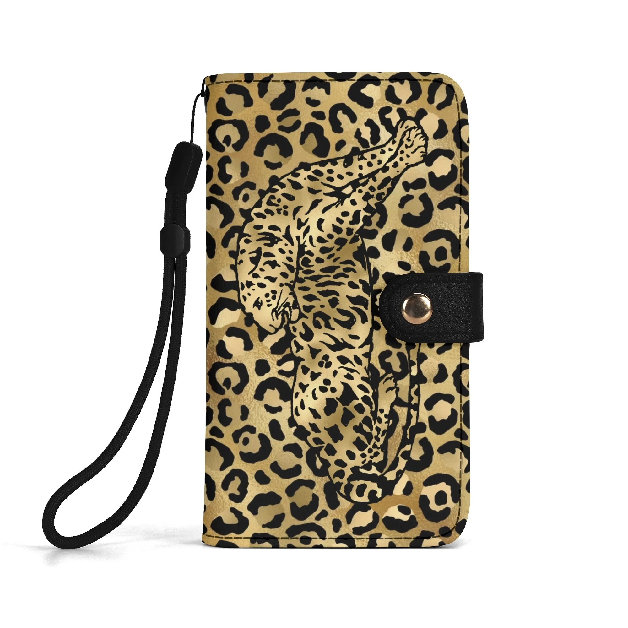Leopard Print Graphic Black PU Leather Wallet Phone Flip Case