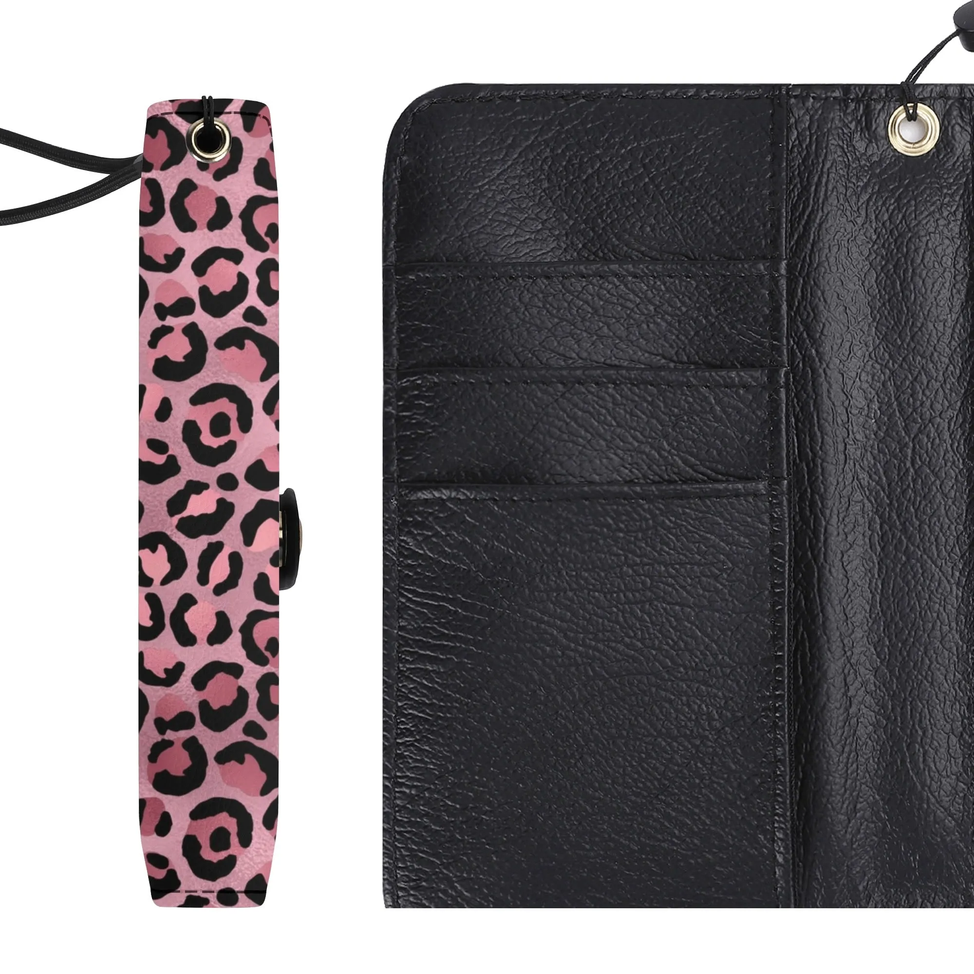 Leopard Print Graphic Black PU Leather Wallet Phone Flip Case