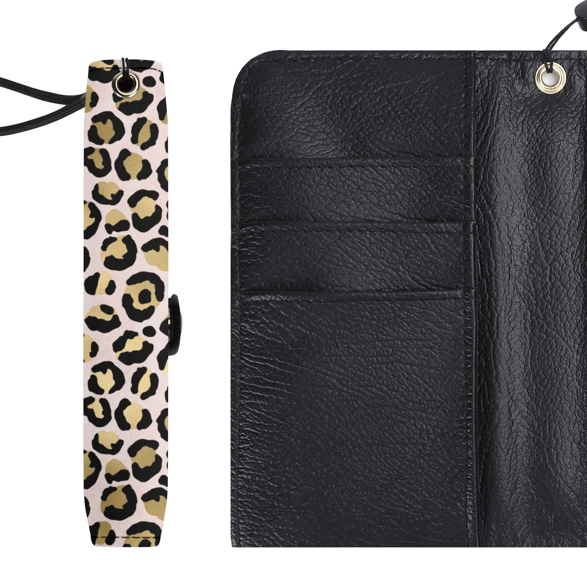 Leopard Print Graphic Black PU Leather Wallet Phone Flip Case