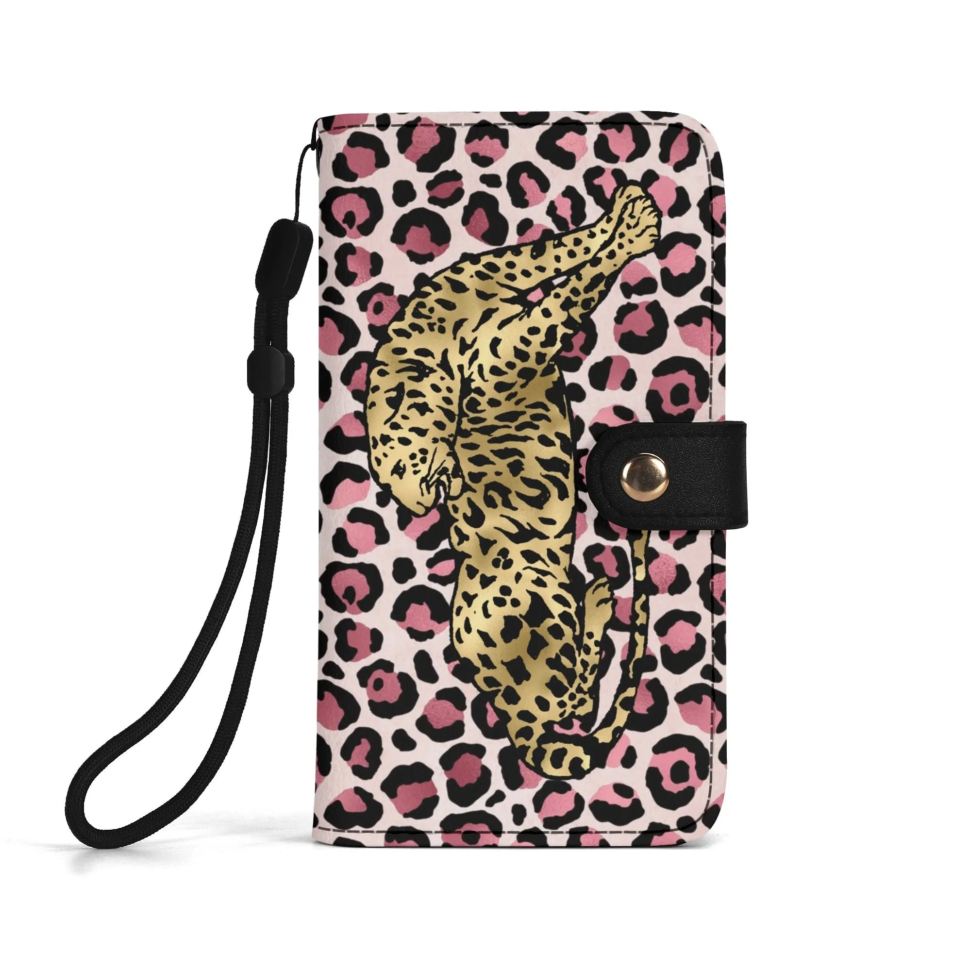 Leopard Print Graphic Black PU Leather Wallet Phone Flip Case