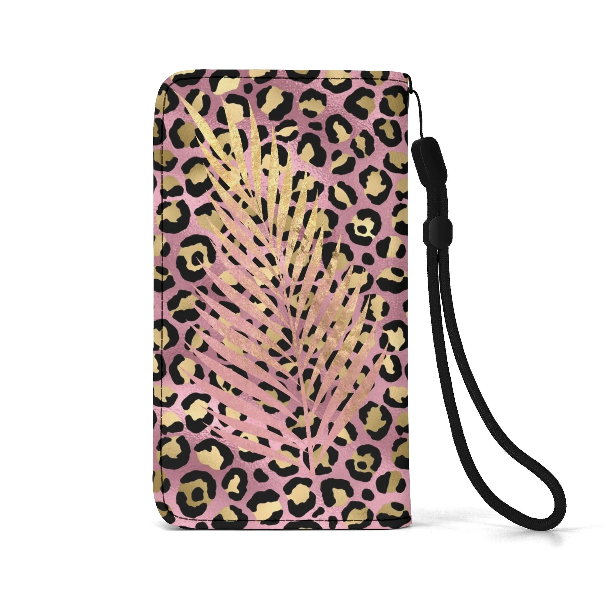Leopard Print Graphic Black PU Leather Wallet Phone Flip Case