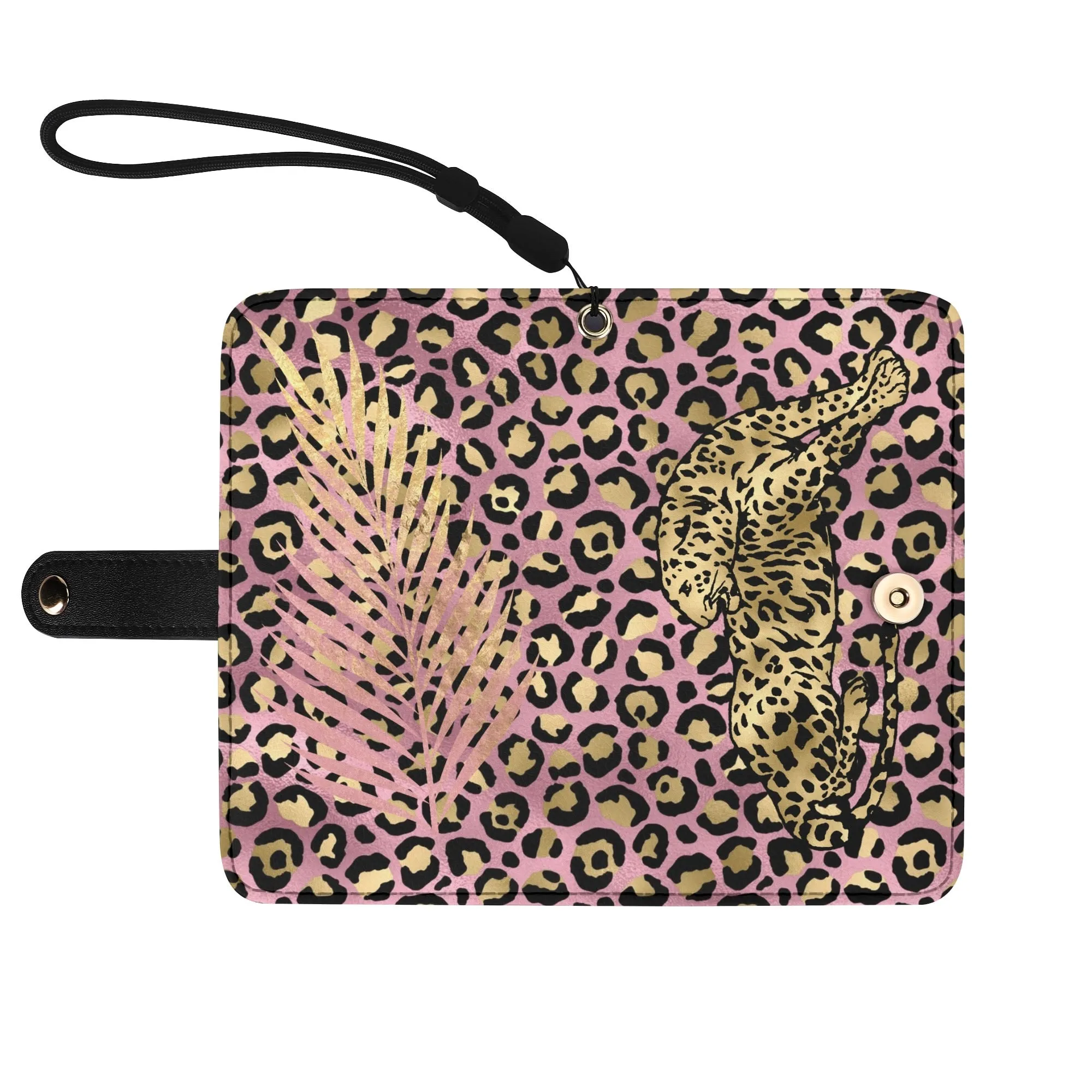 Leopard Print Graphic Black PU Leather Wallet Phone Flip Case