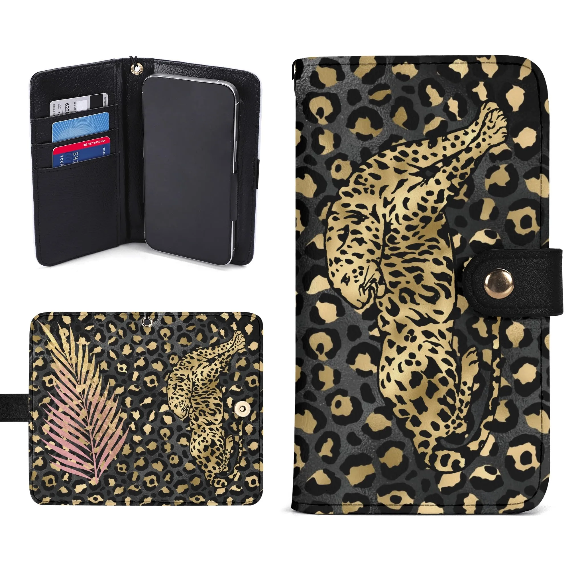 Leopard Print Graphic Black PU Leather Wallet Phone Flip Case