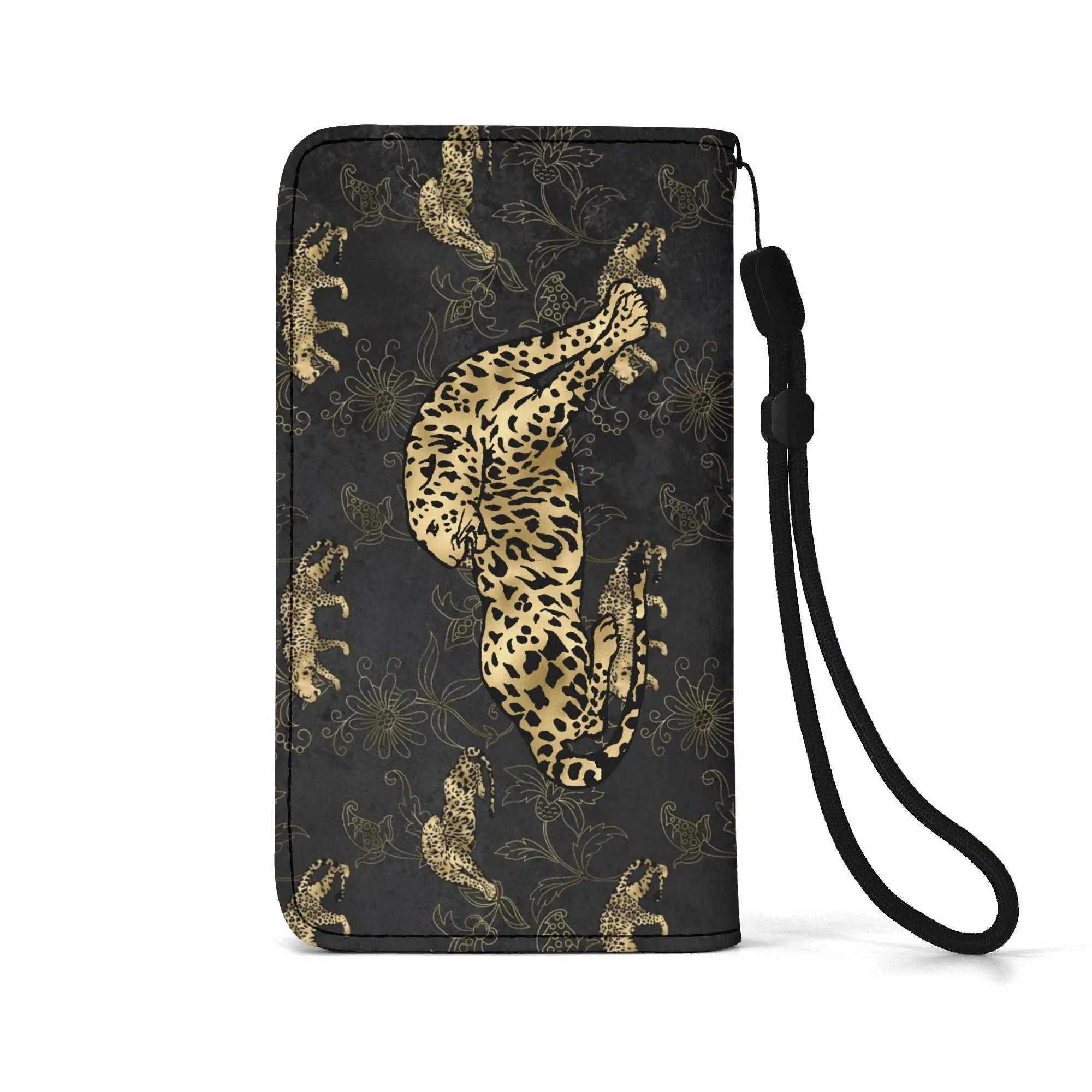 Leopard Print Graphic Black PU Leather Wallet Phone Flip Case