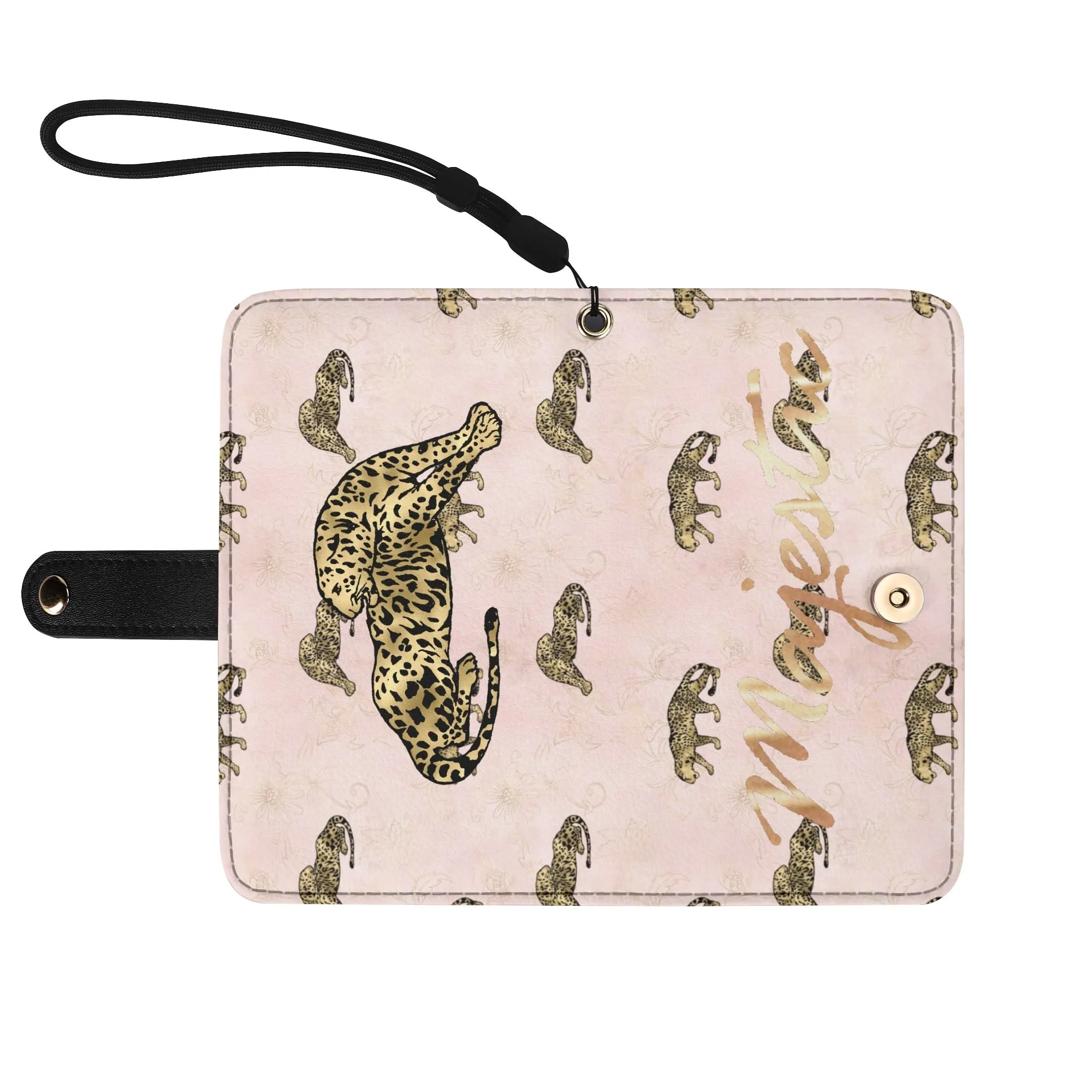 Leopard Print Graphic Black PU Leather Wallet Phone Flip Case