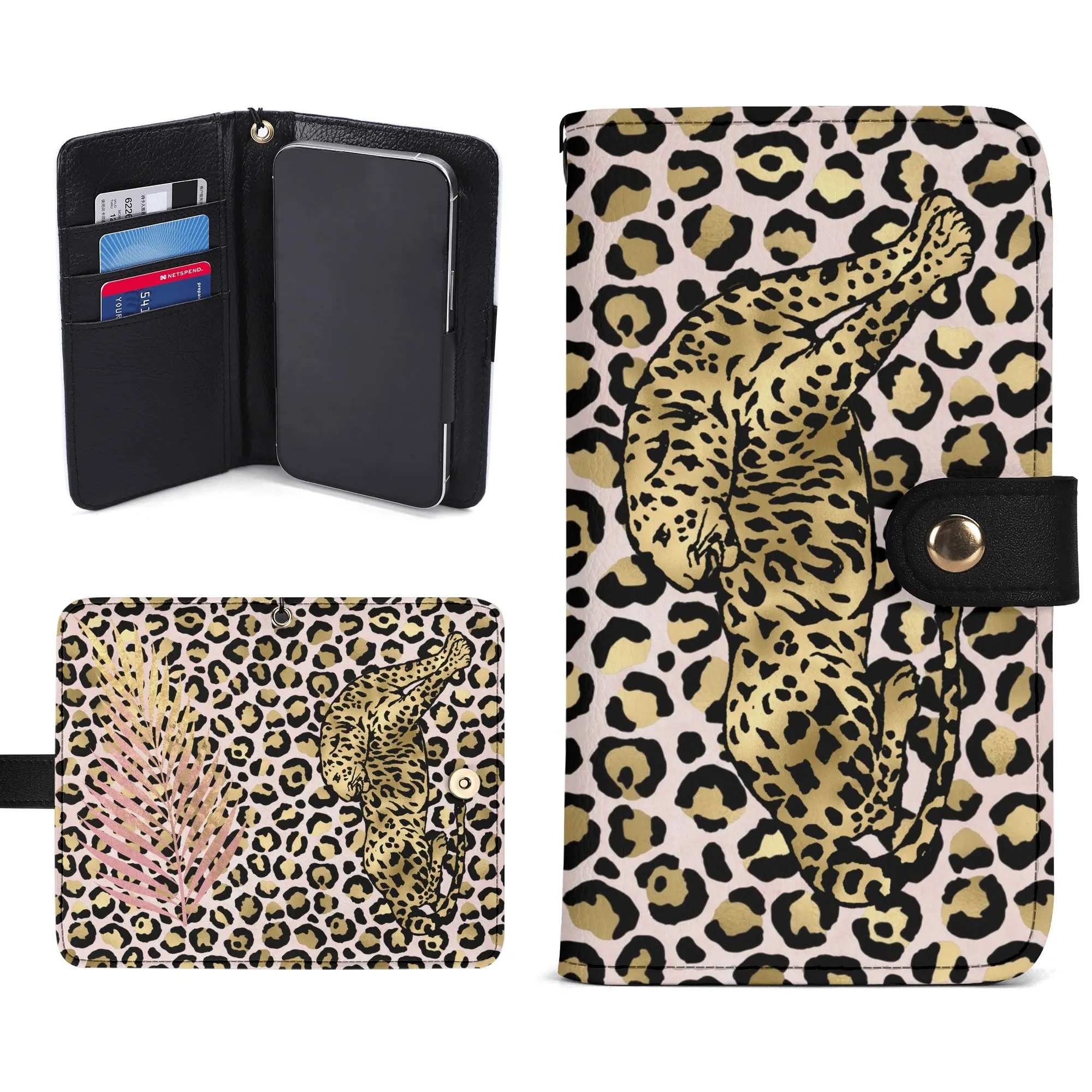 Leopard Print Graphic Black PU Leather Wallet Phone Flip Case