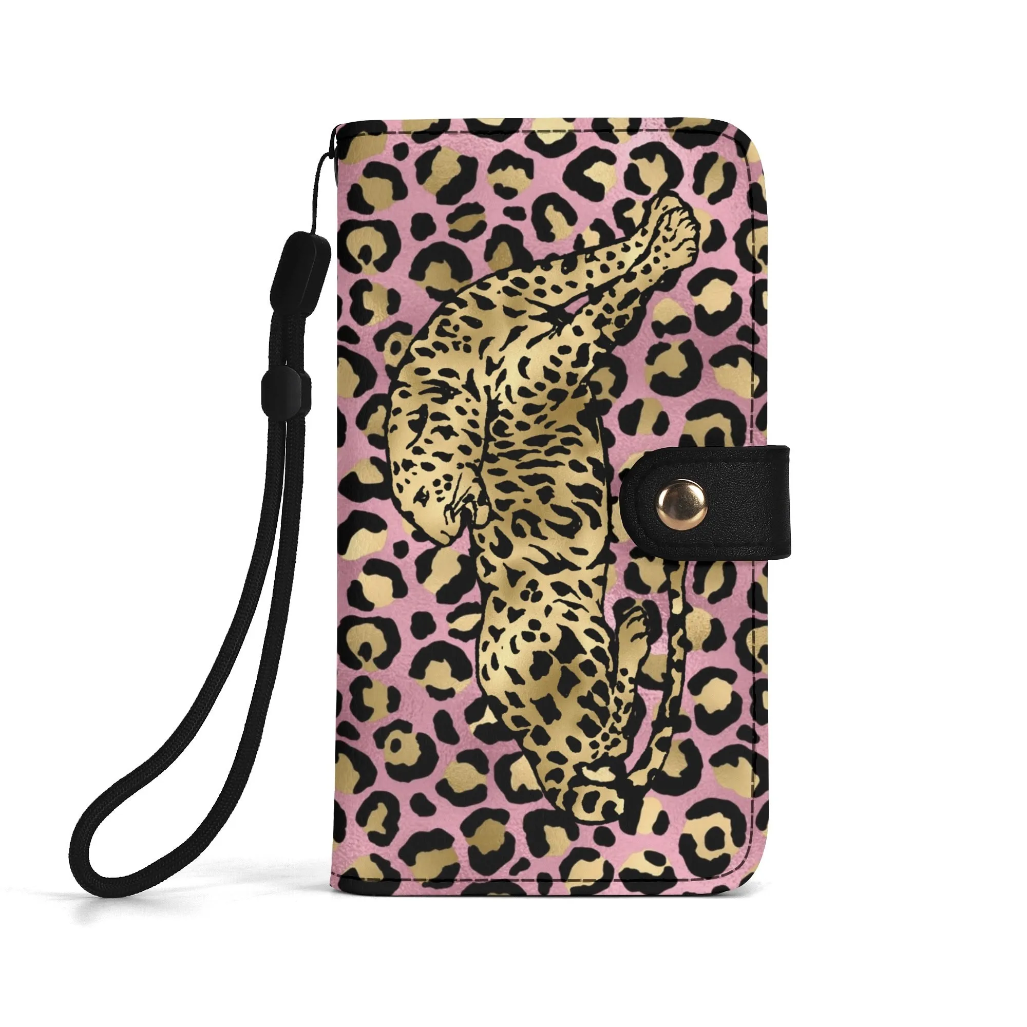 Leopard Print Graphic Black PU Leather Wallet Phone Flip Case