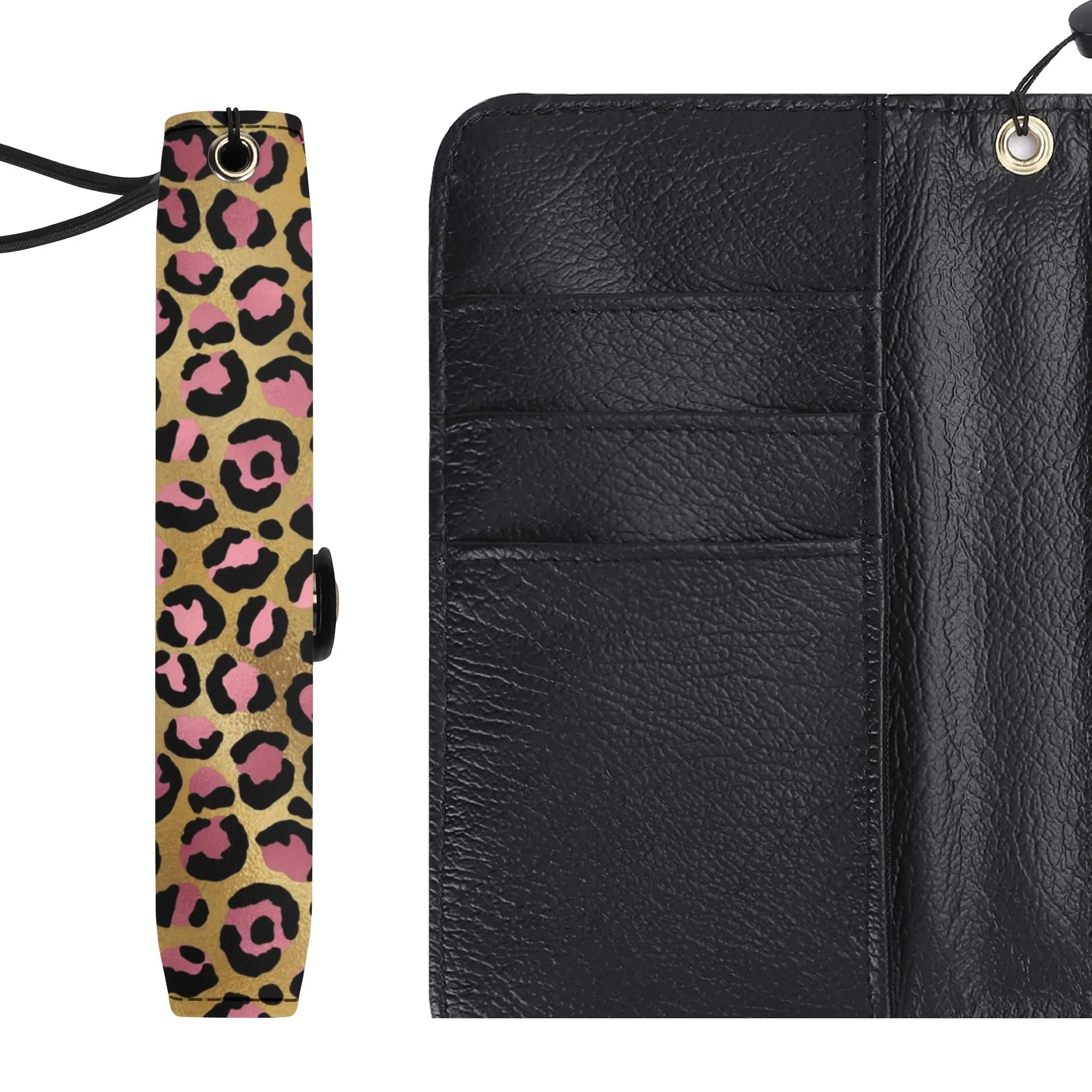 Leopard Print Graphic Black PU Leather Wallet Phone Flip Case