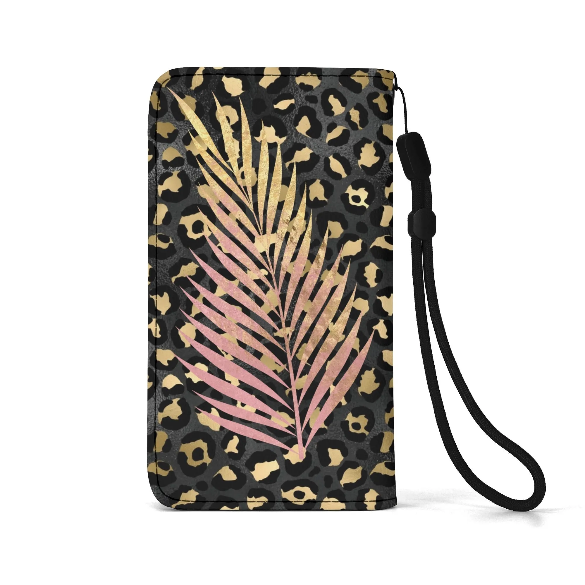 Leopard Print Graphic Black PU Leather Wallet Phone Flip Case