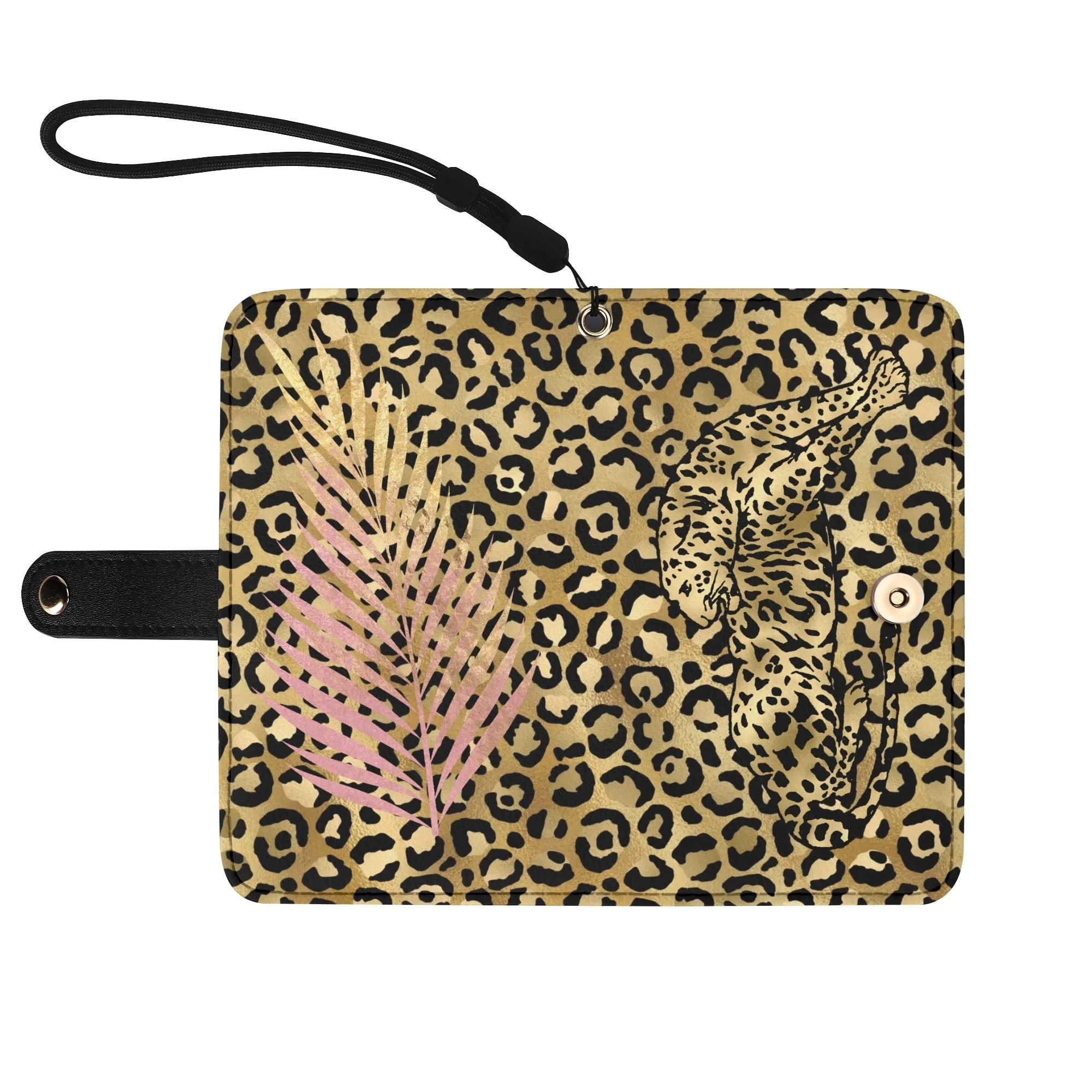 Leopard Print Graphic Black PU Leather Wallet Phone Flip Case