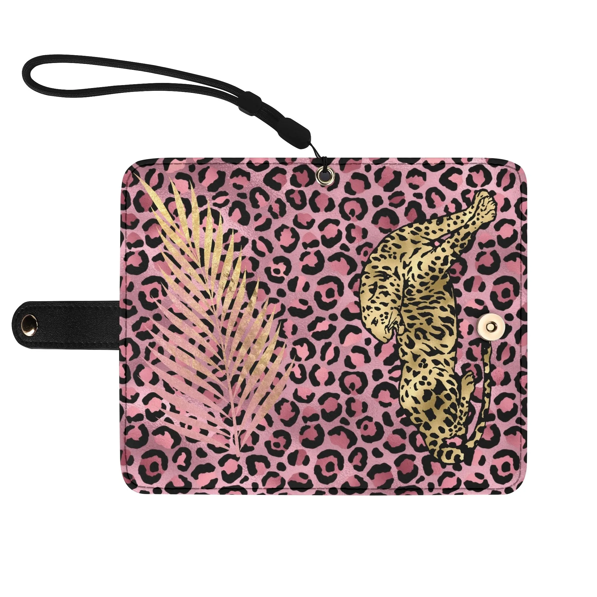 Leopard Print Graphic Black PU Leather Wallet Phone Flip Case