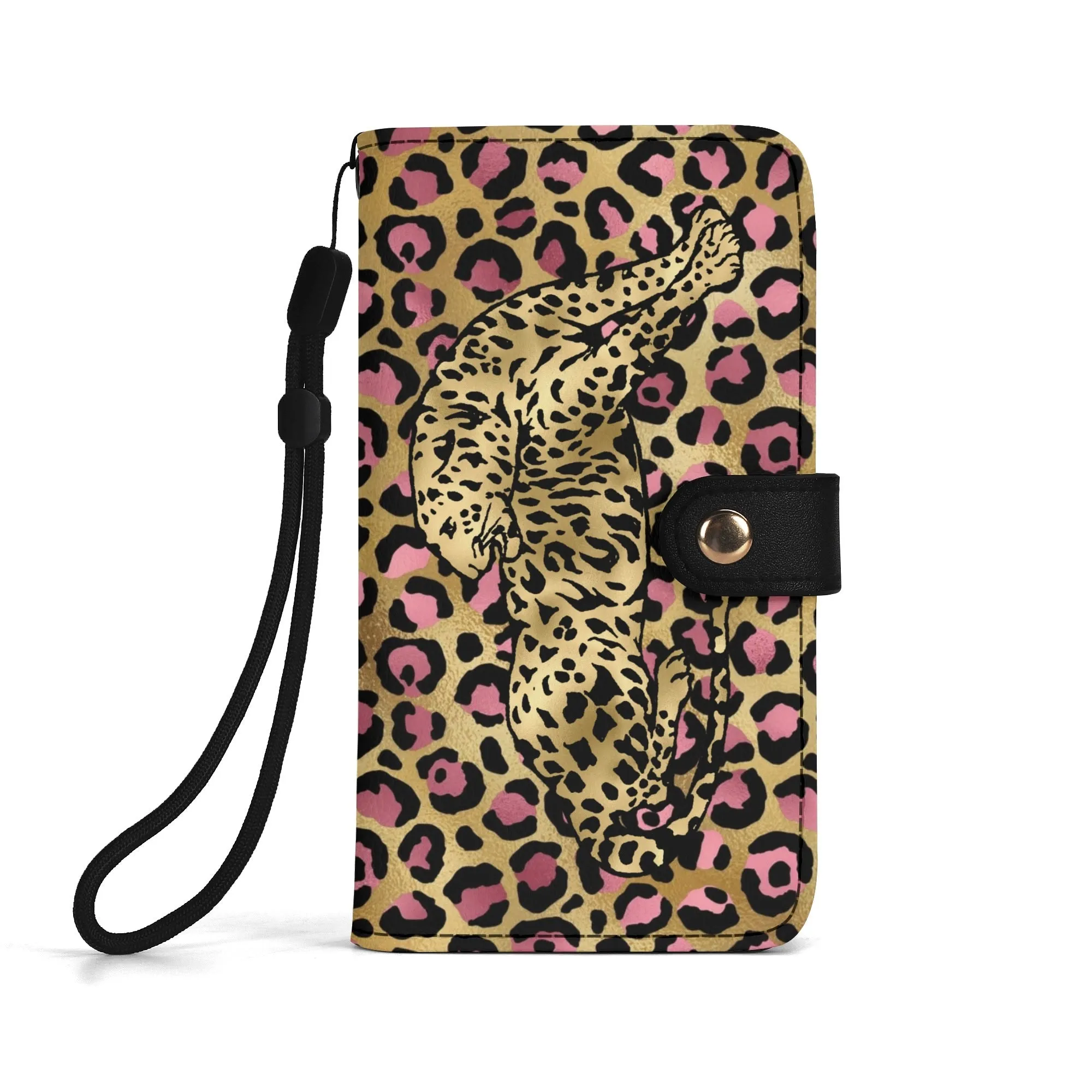 Leopard Print Graphic Black PU Leather Wallet Phone Flip Case
