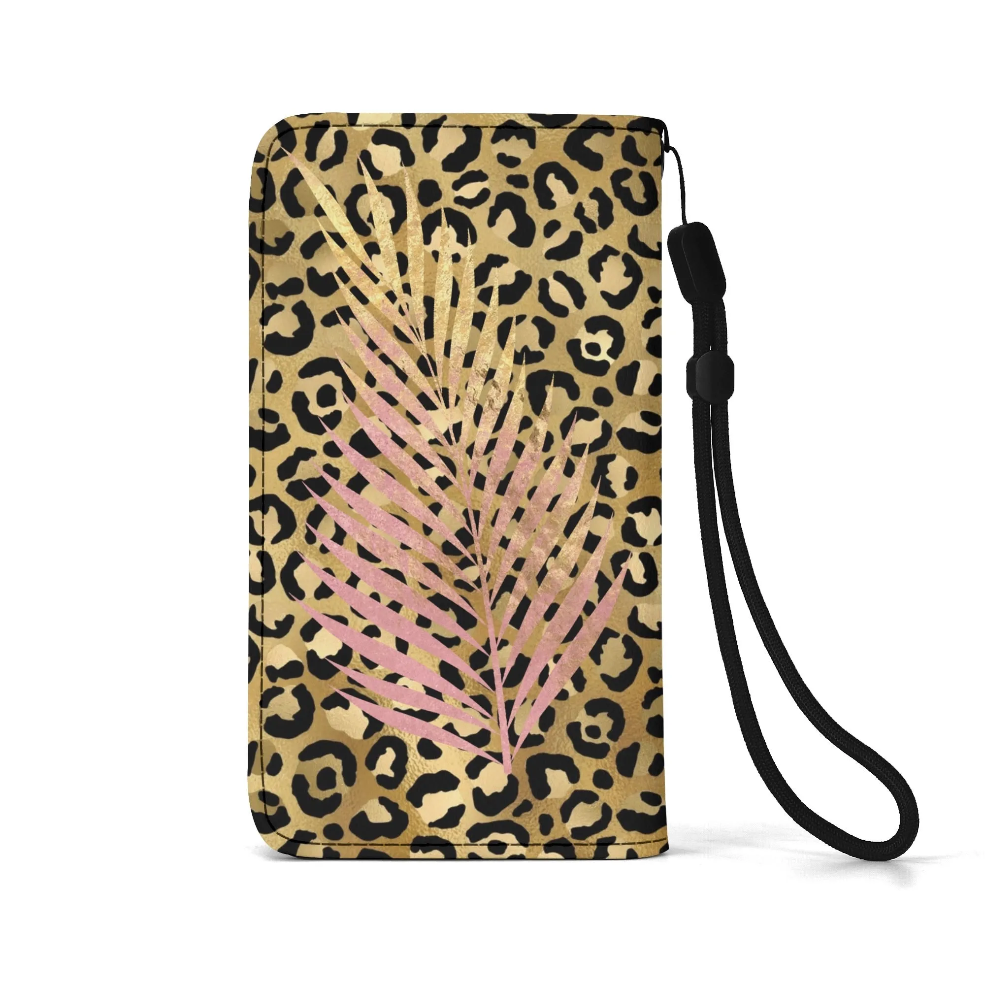 Leopard Print Graphic Black PU Leather Wallet Phone Flip Case