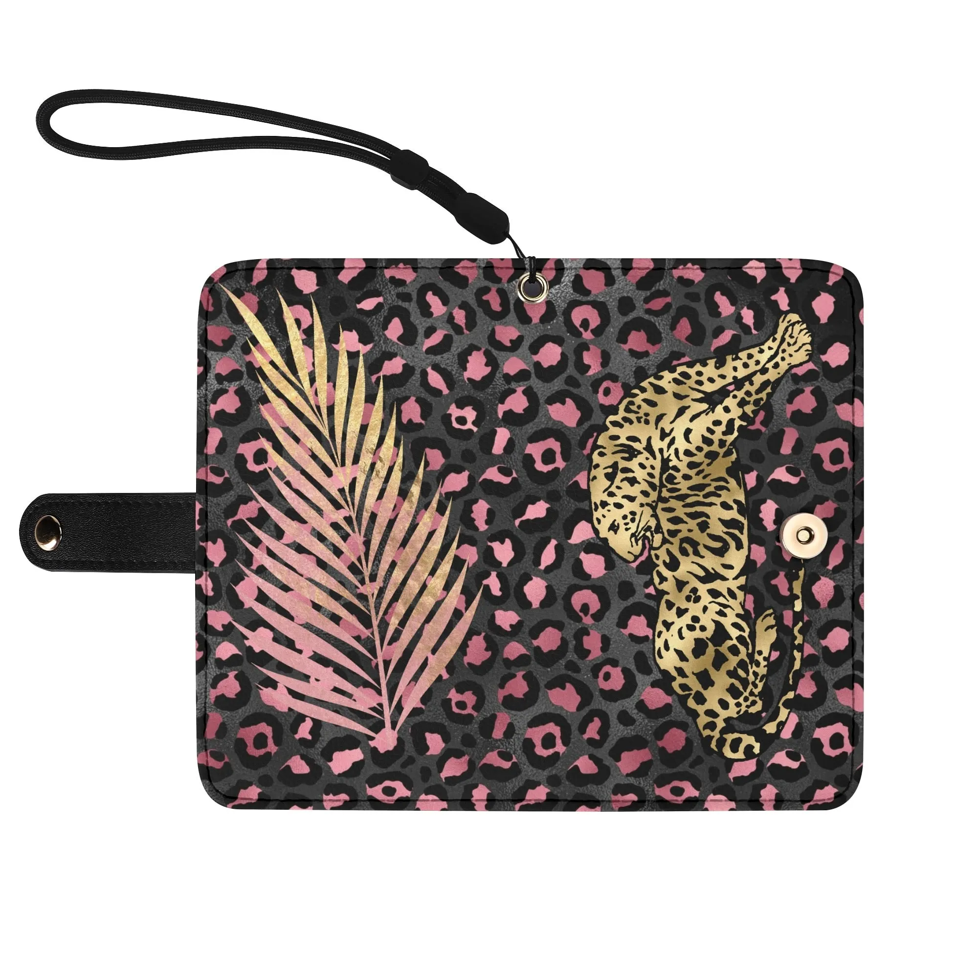 Leopard Print Graphic Black PU Leather Wallet Phone Flip Case