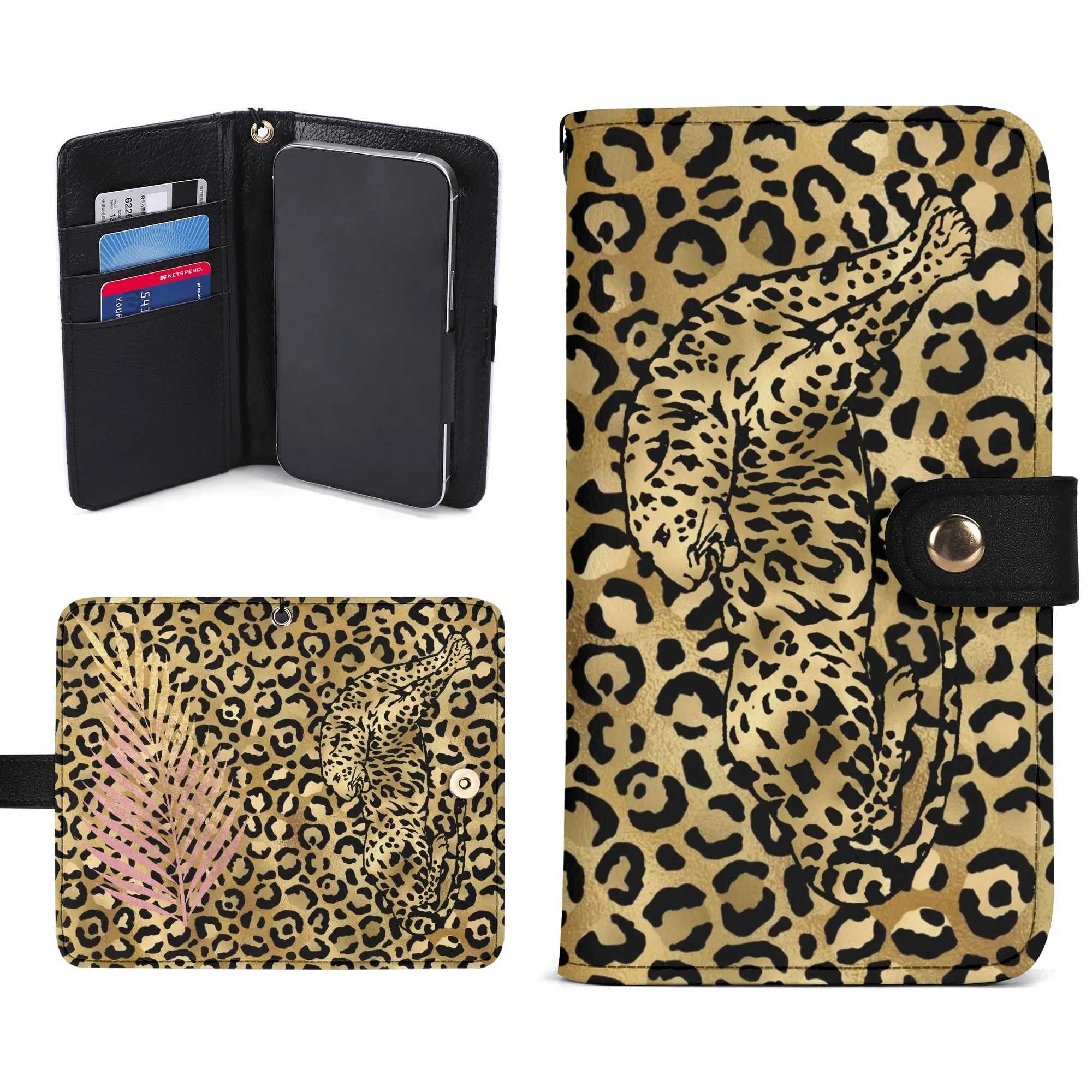 Leopard Print Graphic Black PU Leather Wallet Phone Flip Case