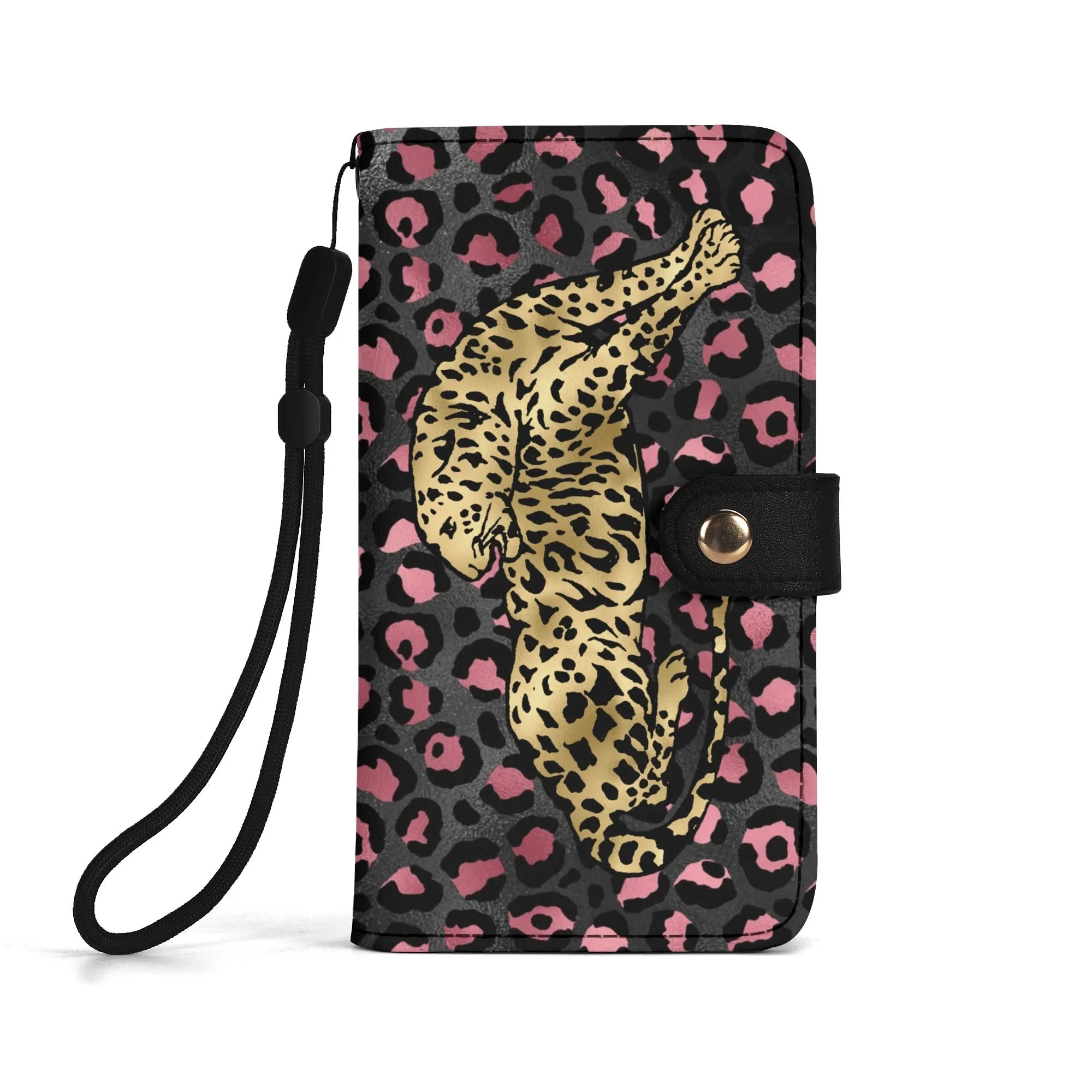 Leopard Print Graphic Black PU Leather Wallet Phone Flip Case