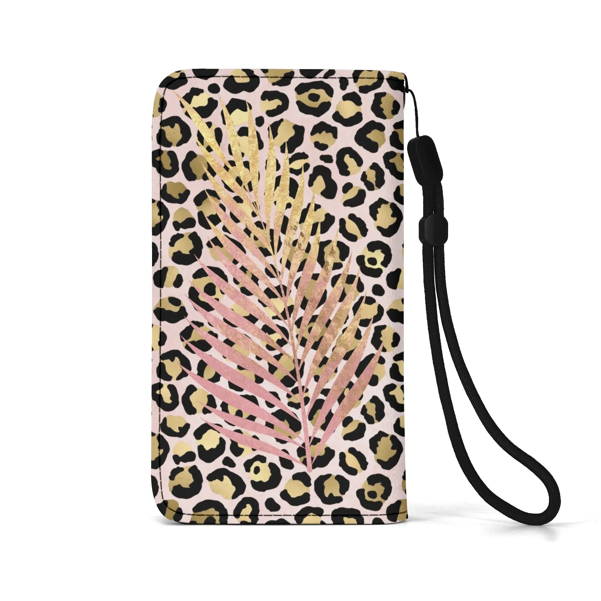Leopard Print Graphic Black PU Leather Wallet Phone Flip Case