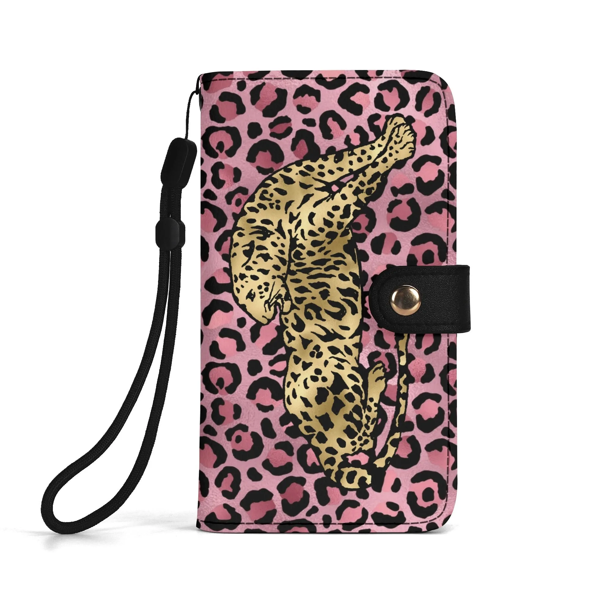 Leopard Print Graphic Black PU Leather Wallet Phone Flip Case