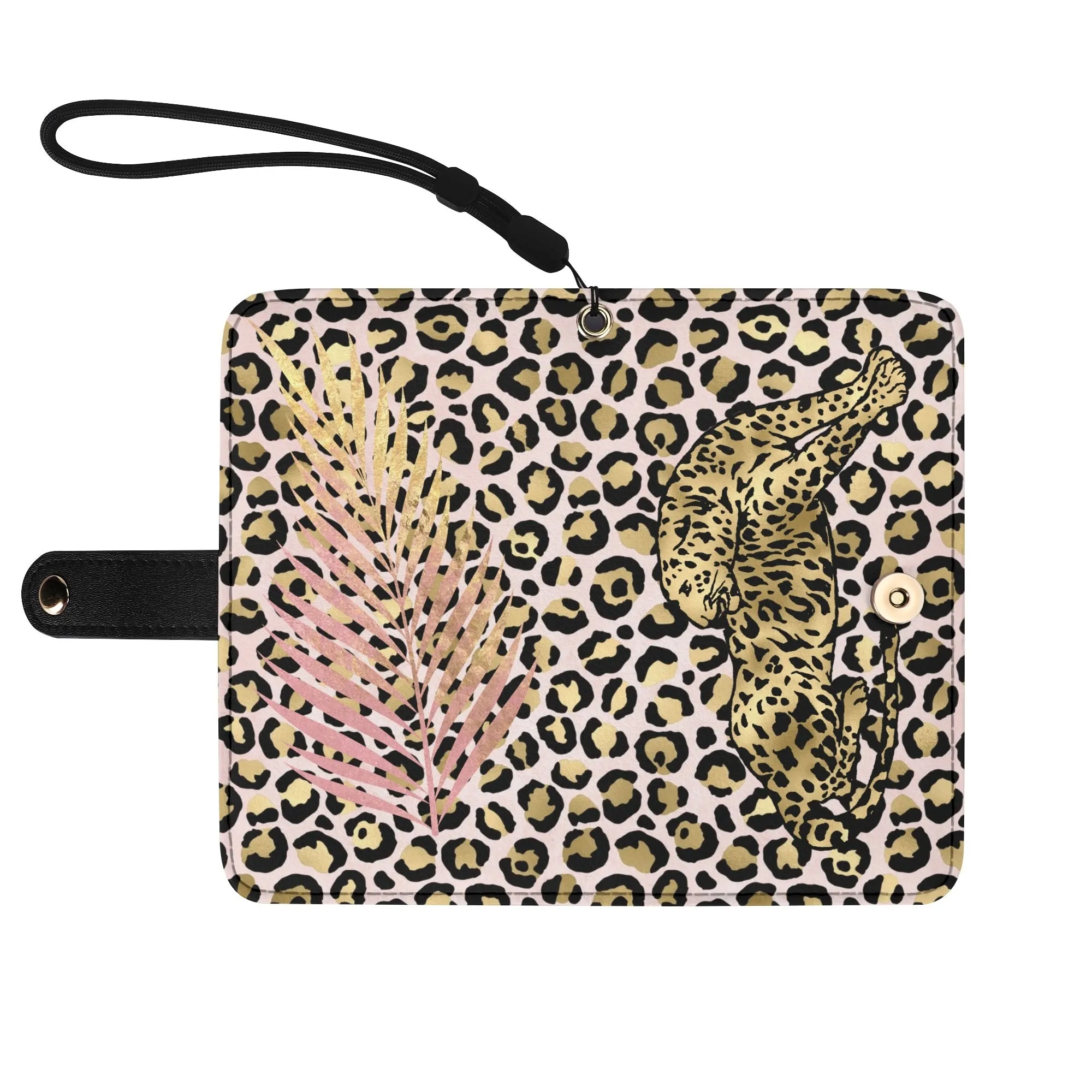 Leopard Print Graphic Black PU Leather Wallet Phone Flip Case