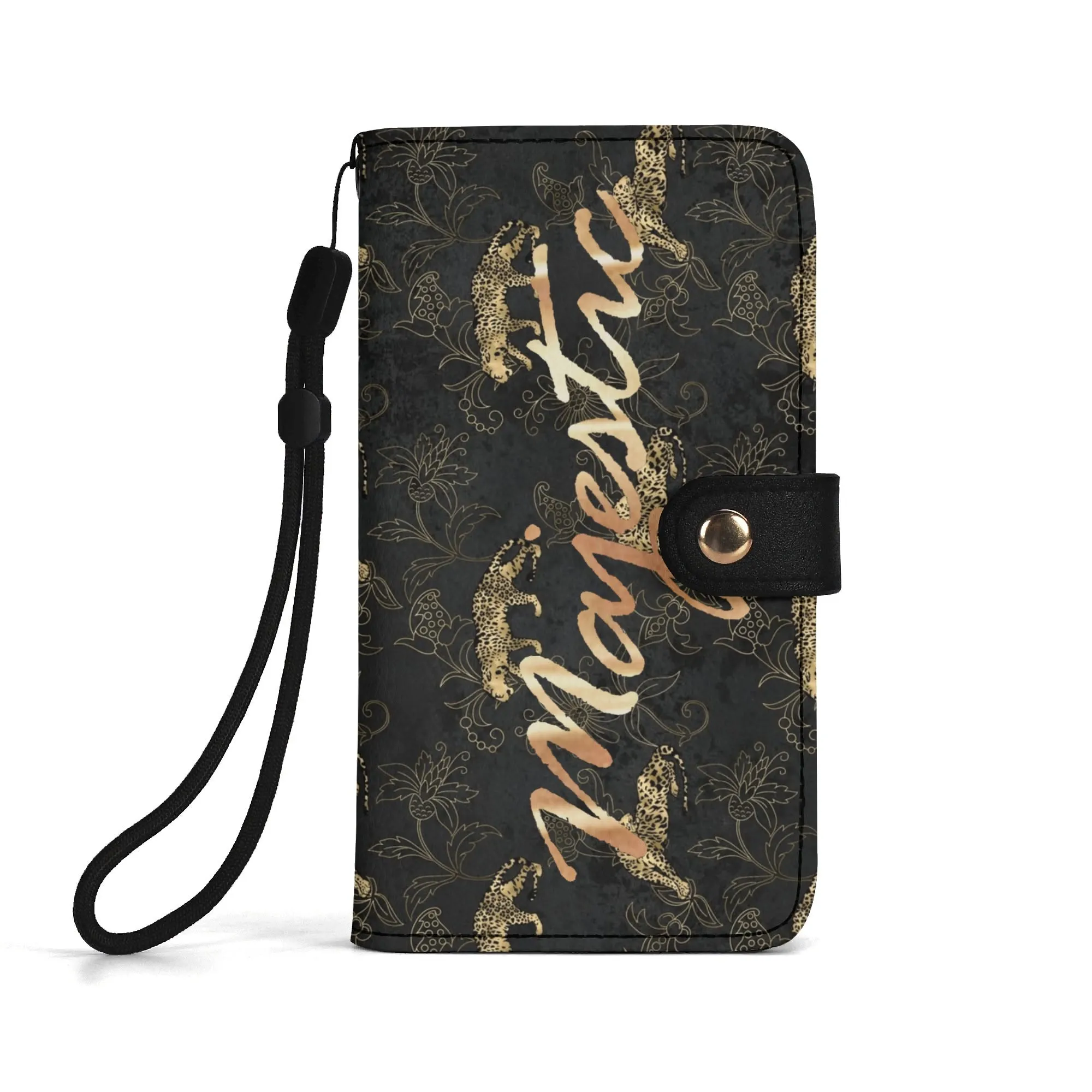 Leopard Print Graphic Black PU Leather Wallet Phone Flip Case