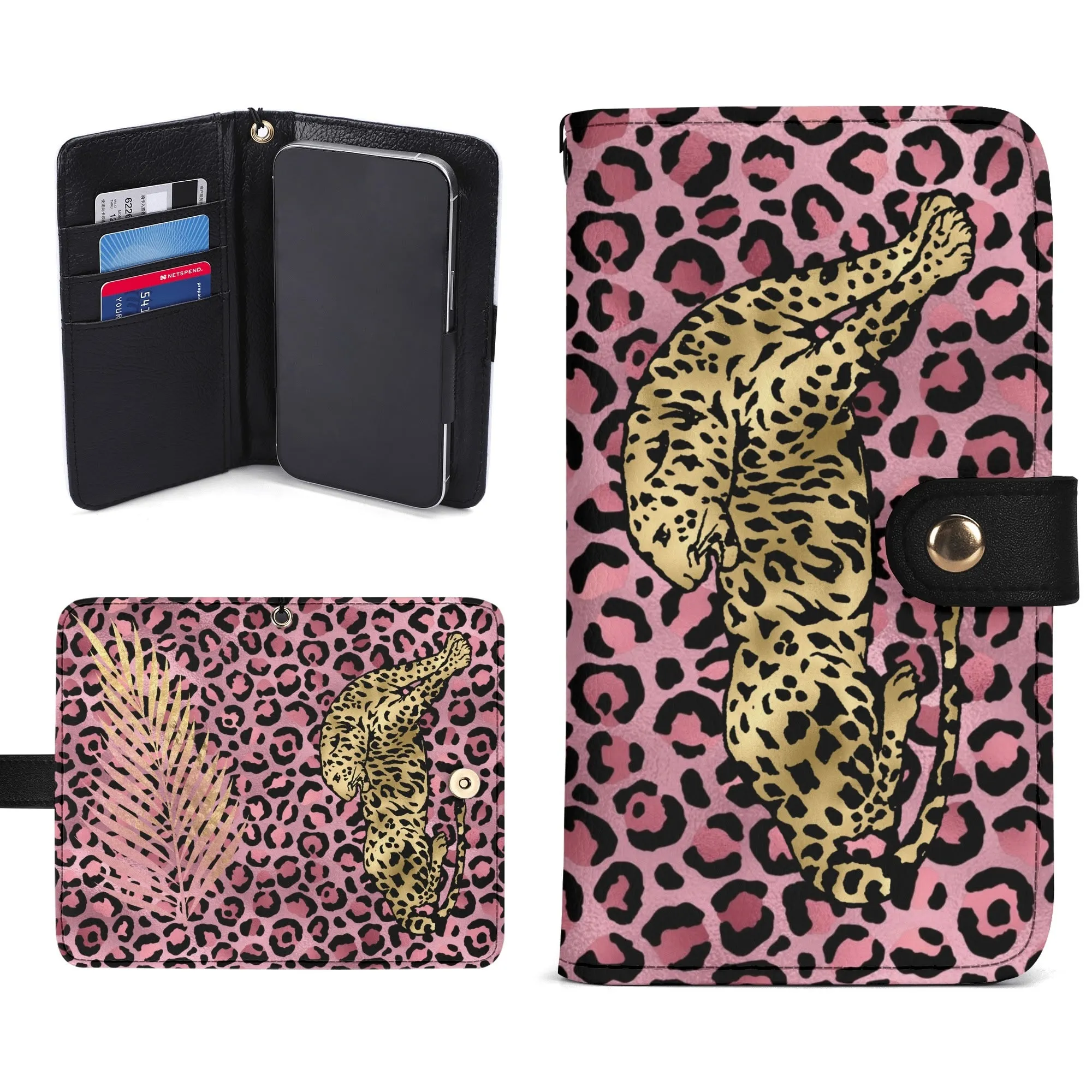 Leopard Print Graphic Black PU Leather Wallet Phone Flip Case