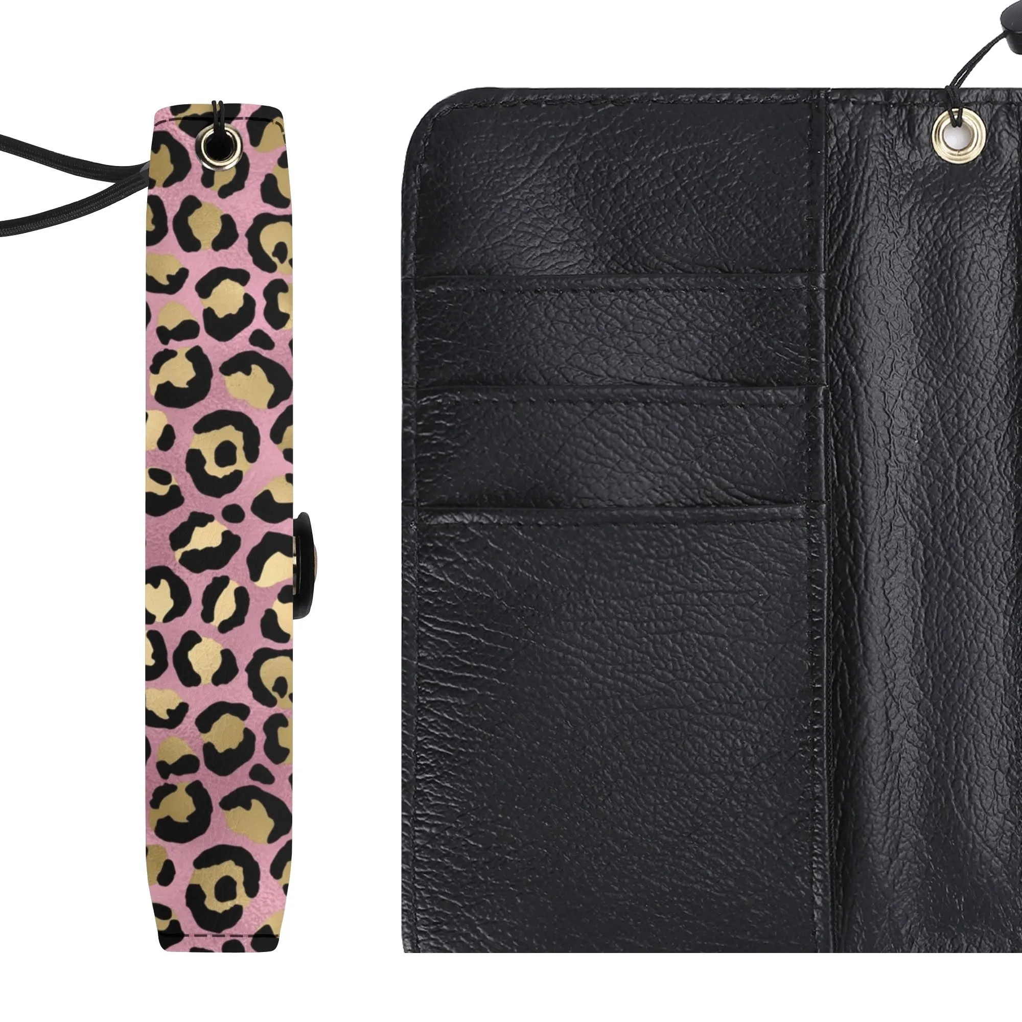 Leopard Print Graphic Black PU Leather Wallet Phone Flip Case