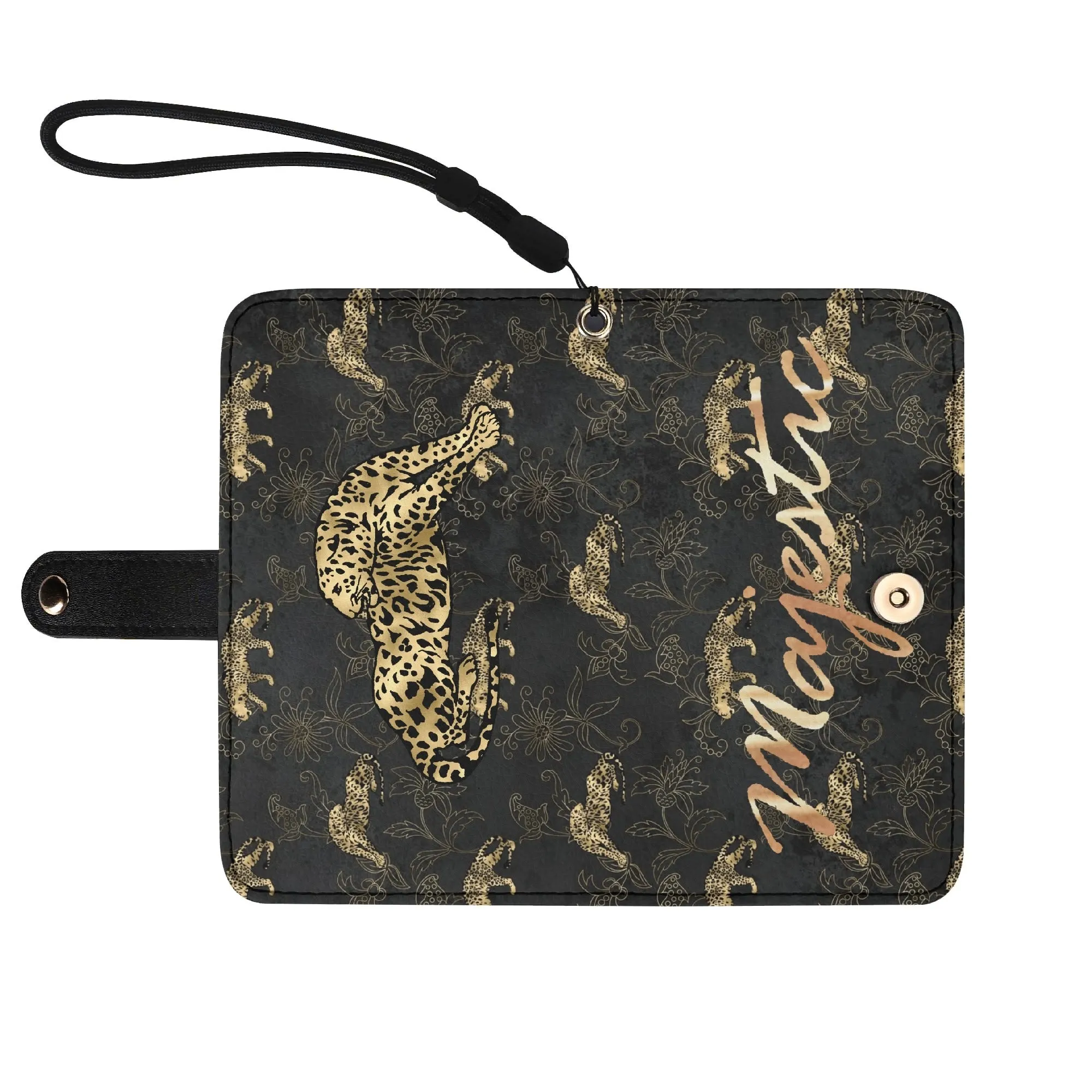 Leopard Print Graphic Black PU Leather Wallet Phone Flip Case