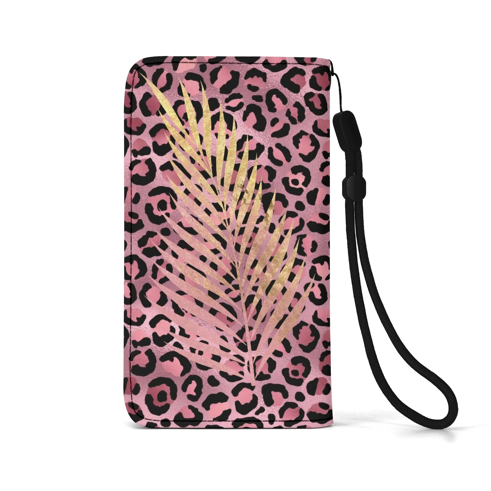 Leopard Print Graphic Black PU Leather Wallet Phone Flip Case