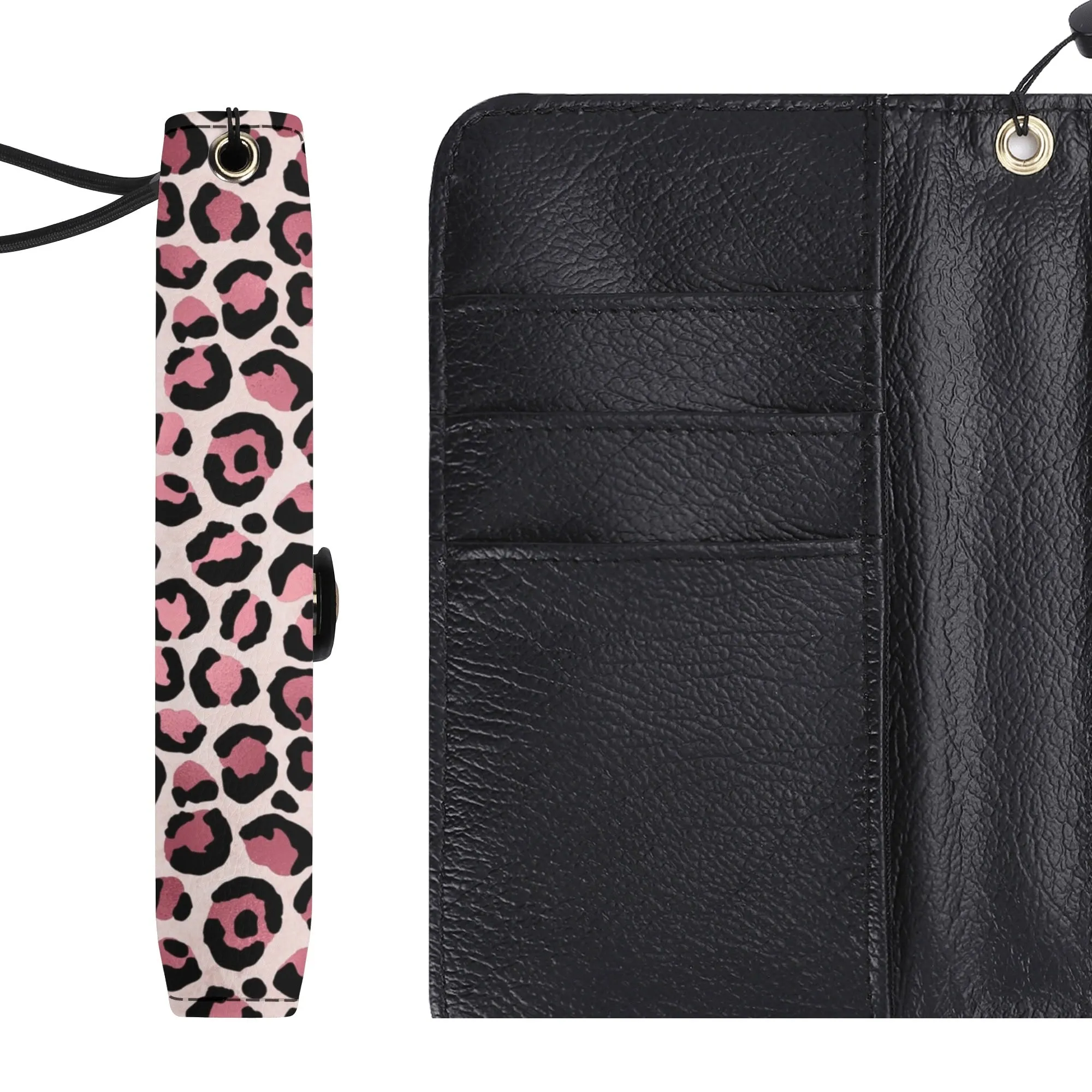 Leopard Print Graphic Black PU Leather Wallet Phone Flip Case