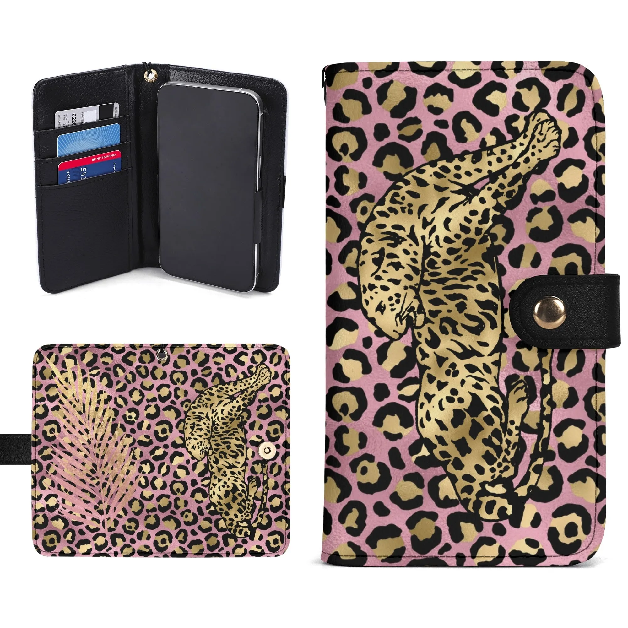 Leopard Print Graphic Black PU Leather Wallet Phone Flip Case