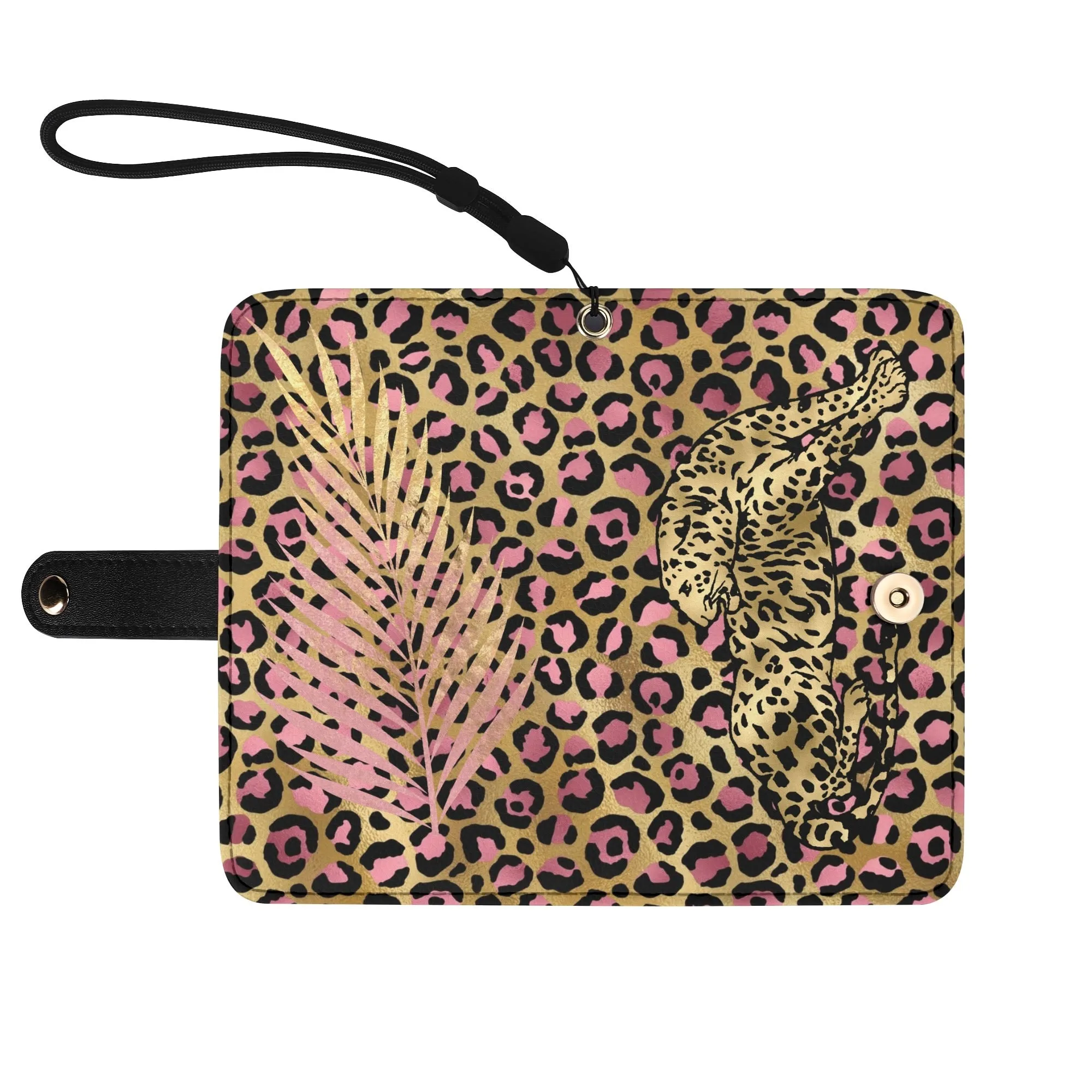 Leopard Print Graphic Black PU Leather Wallet Phone Flip Case
