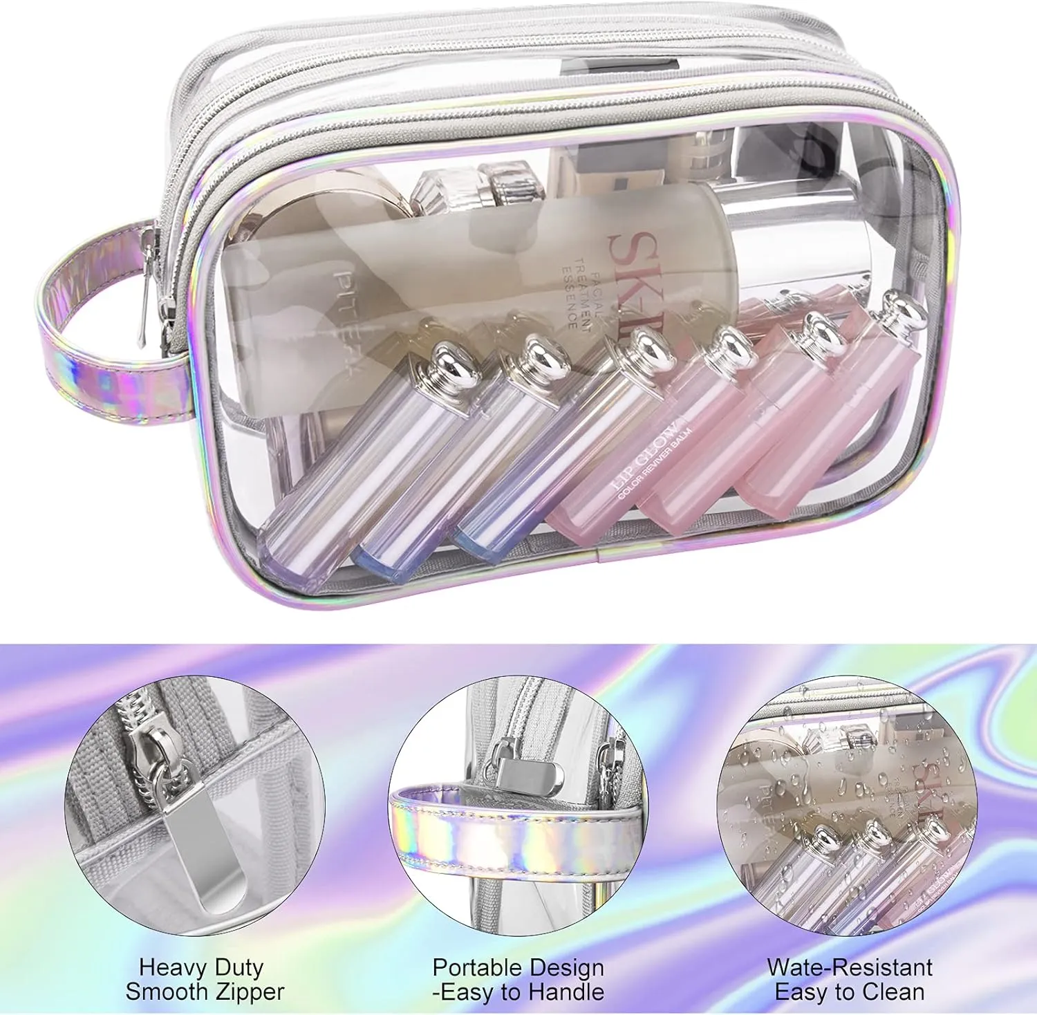 Lermende Clear Makeup Bag, 2 Layer, Water-Resistant, Large, Portable, Transparent, Travel, Women and Girl