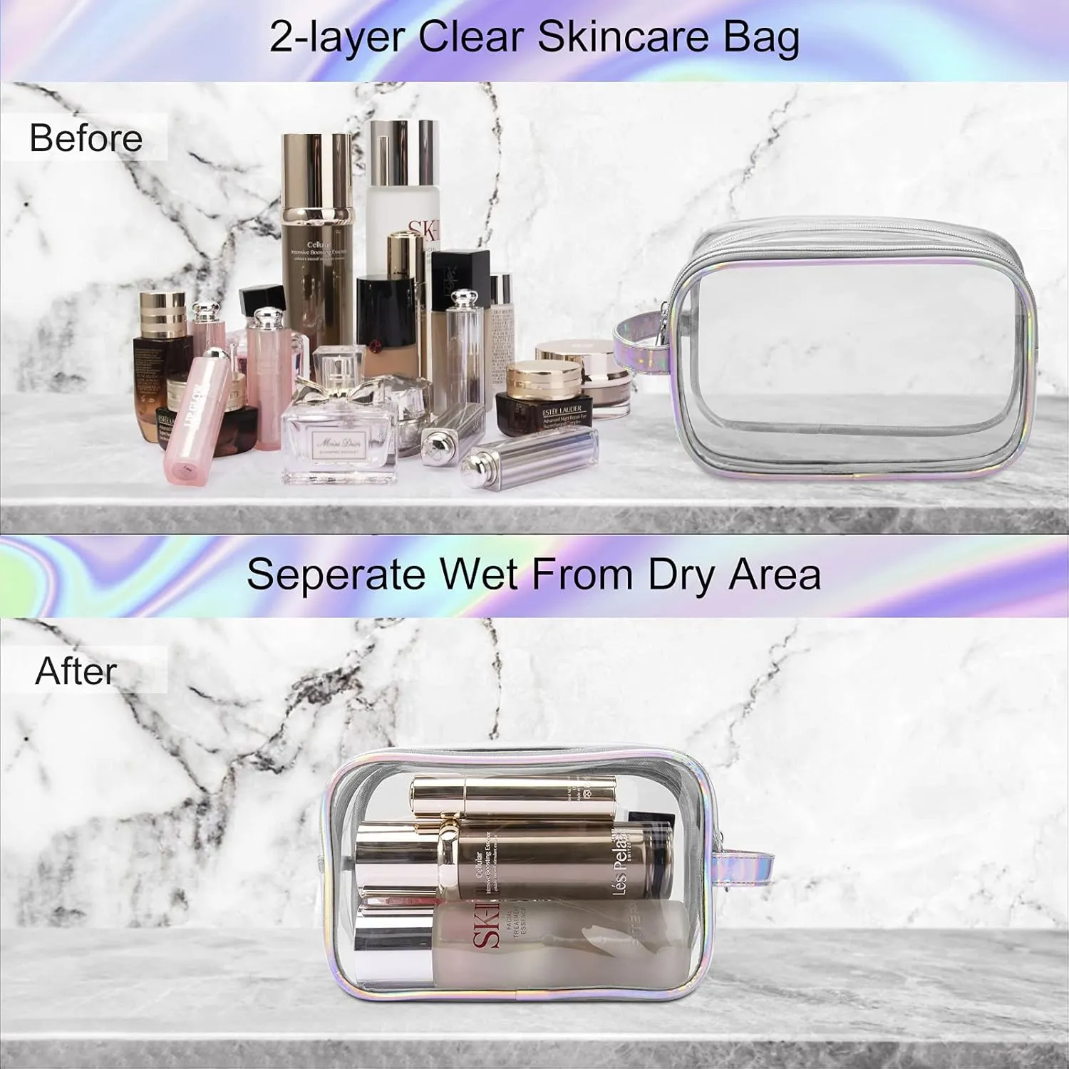 Lermende Clear Makeup Bag, 2 Layer, Water-Resistant, Large, Portable, Transparent, Travel, Women and Girl