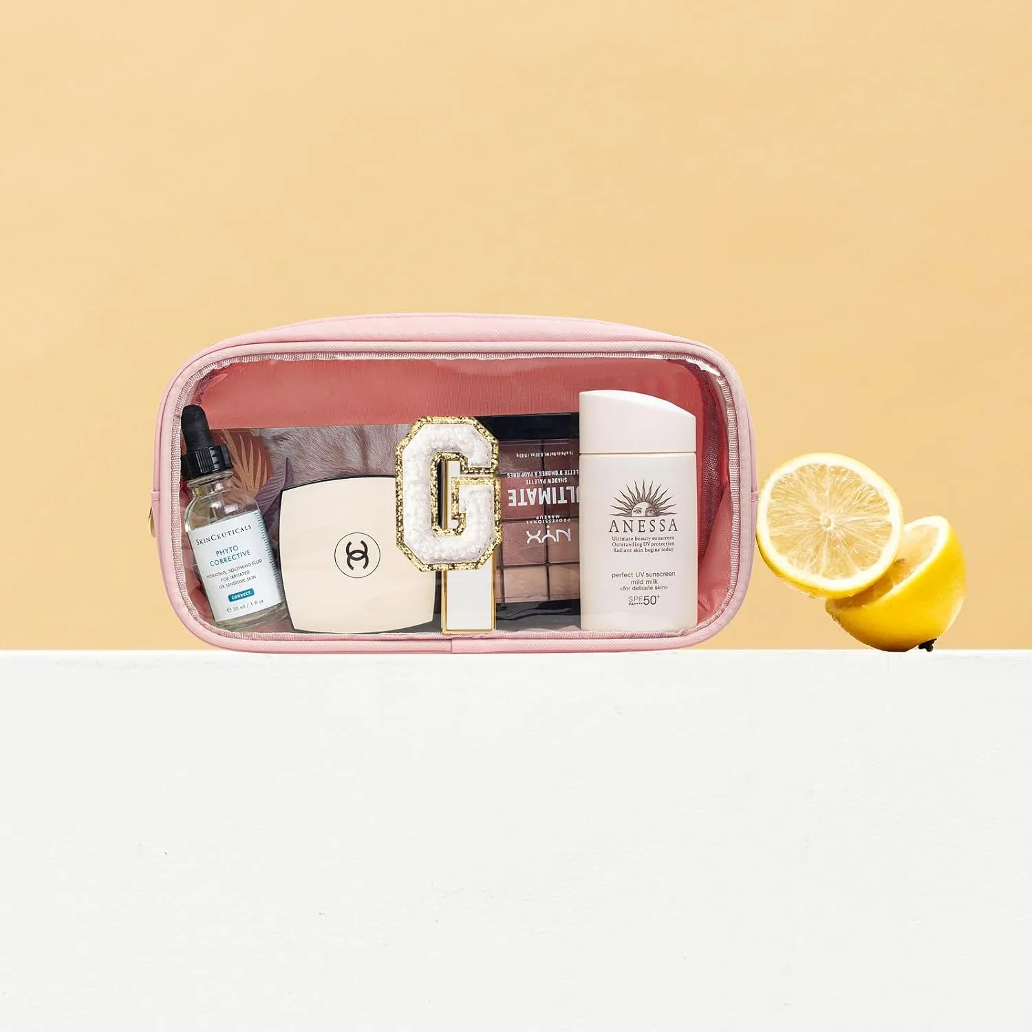 LETGO Initial Make Up Bag Travel Toiletry Bag, Clear Makeup Bag Preppy Cosmetic Bags Organizer Easter Basket Essentials Pink Gifts for Women Teen Girlfriend Teacher Mom Brithday(Pink, G)
