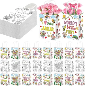 Lianxuia 24 PCS Mother's Day Coloring Gift Bags with Handles, Bulk DIY Color Your Own Best Mom Paper Goodie Bags Party Decorations for Spring Mom Gift Wrapping