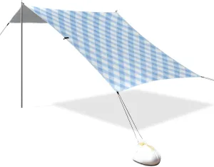 Light Blue Check Foldable Beach Tent UPF50  Waterproof Large Sun Shelter with Sandbags and Shovel for Family Travel