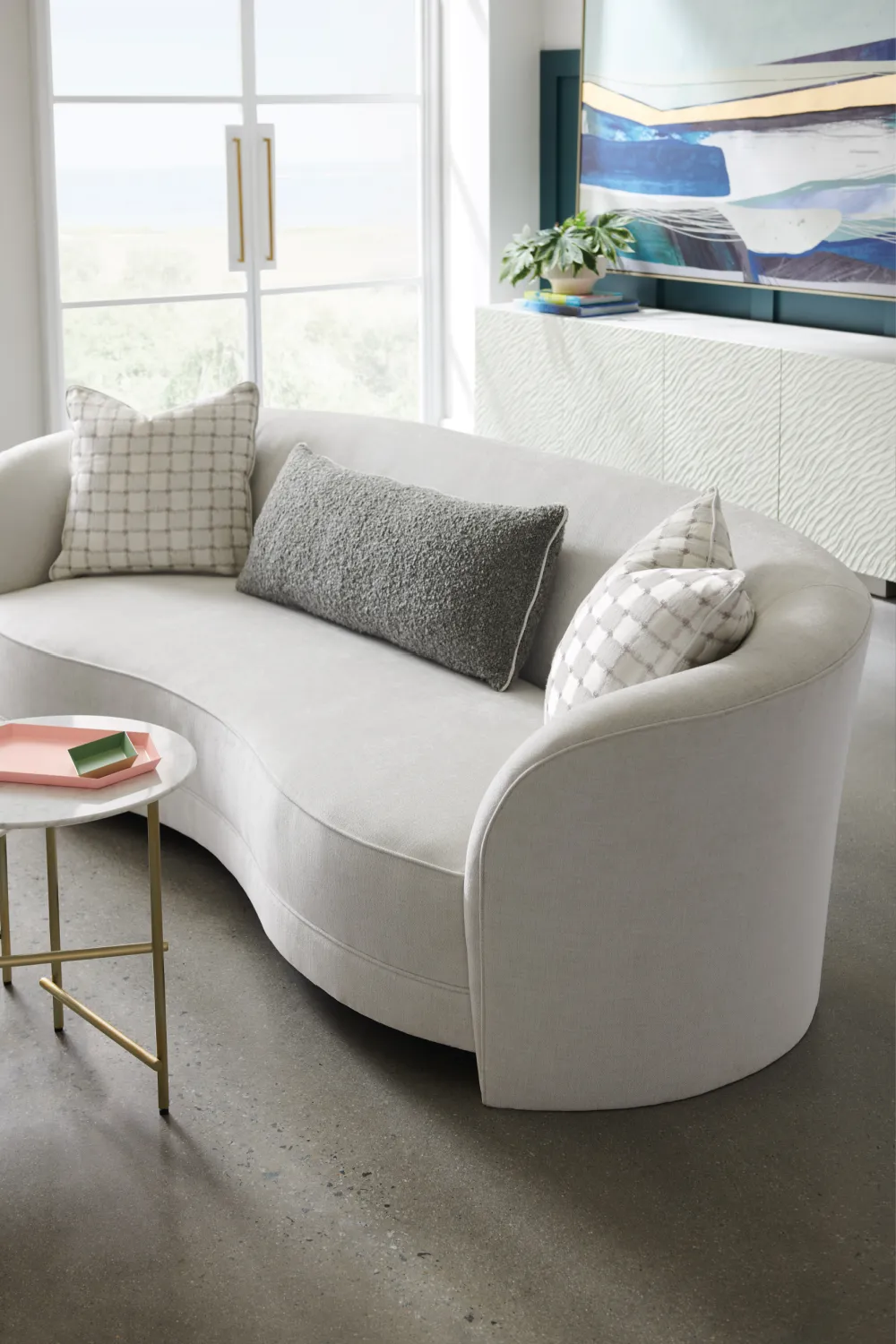 Light Gray Curved Sofa | Caracole Ahead Of The Curve