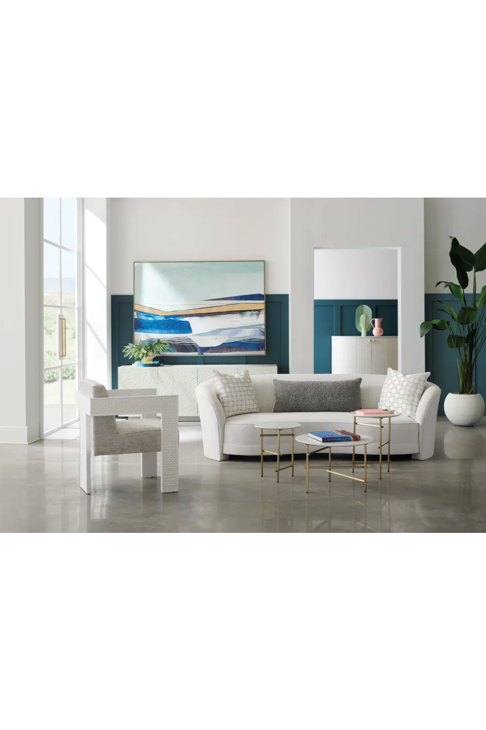Light Gray Curved Sofa | Caracole Ahead Of The Curve