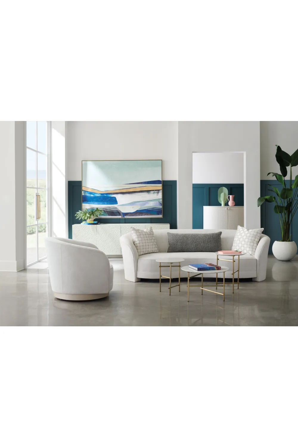 Light Gray Curved Sofa | Caracole Ahead Of The Curve