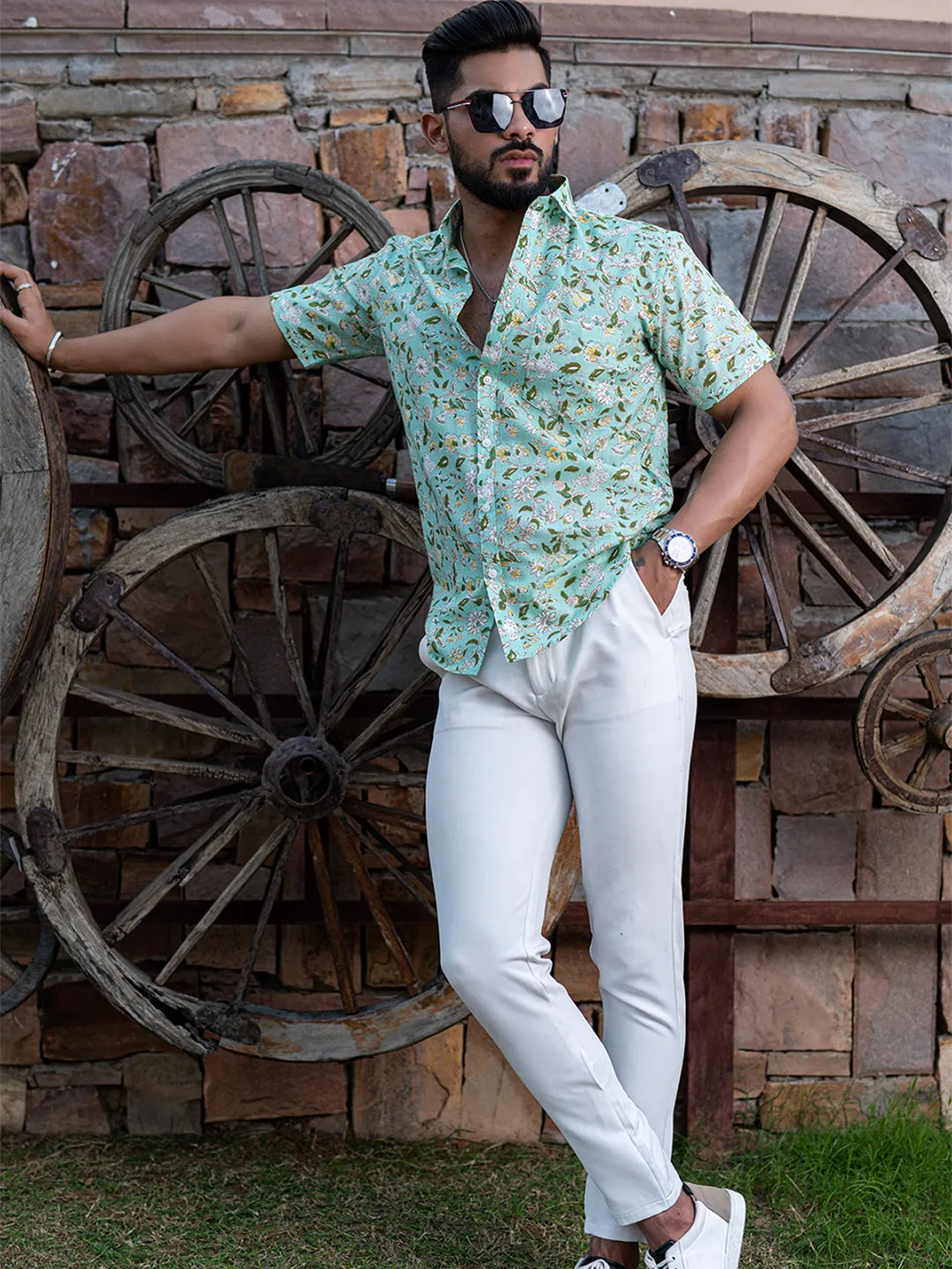 Light Green Chintz Printed Half Sleeves Cotton Shirt
