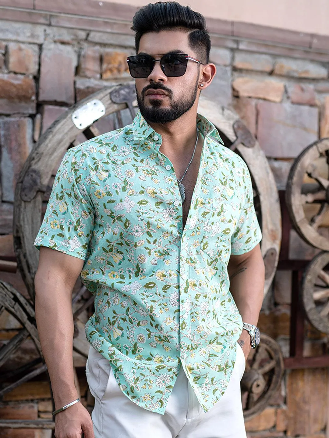 Light Green Chintz Printed Half Sleeves Cotton Shirt